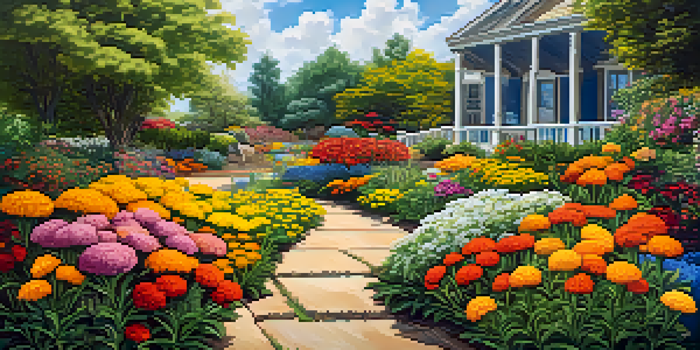 A colorful garden filled with blooming annual flowers like marigolds and zinnias under a bright blue sky.