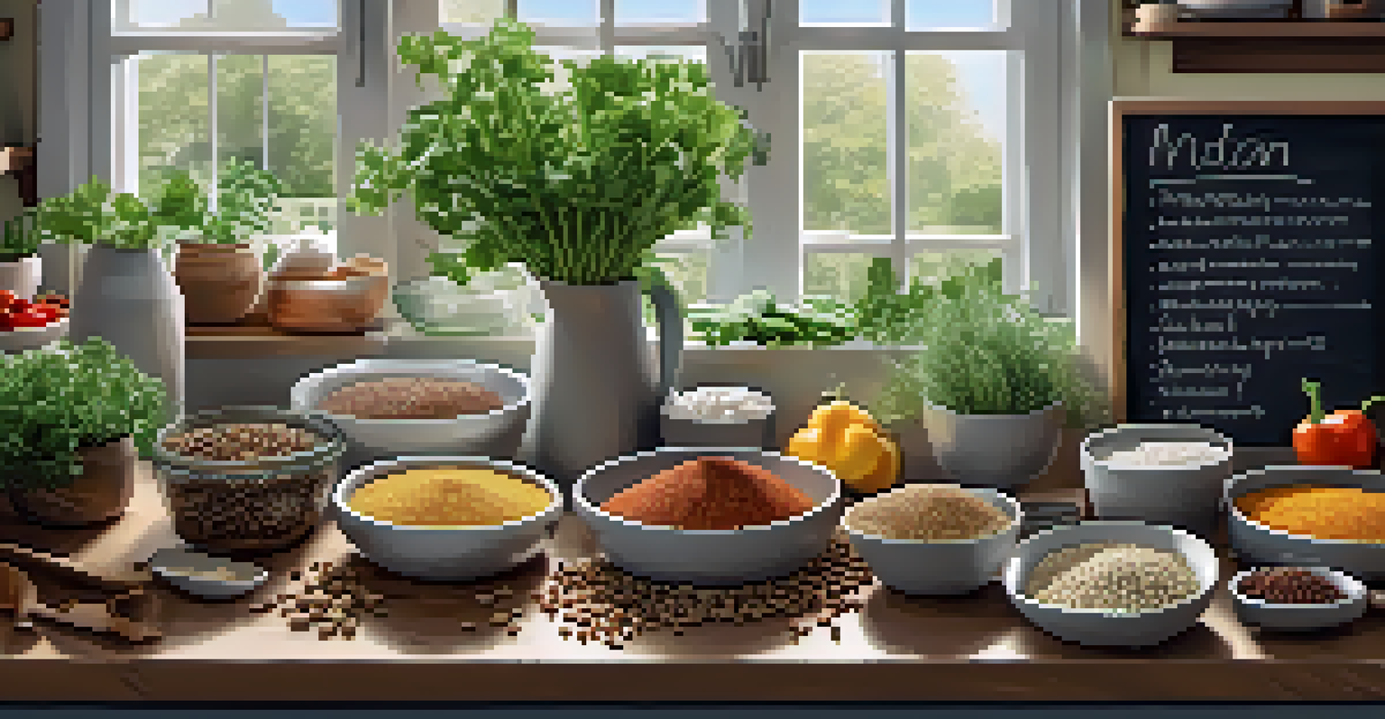 A cozy kitchen with plant-based ingredients like beans, lentils, and grains on the counter, along with fresh herbs and spices.
