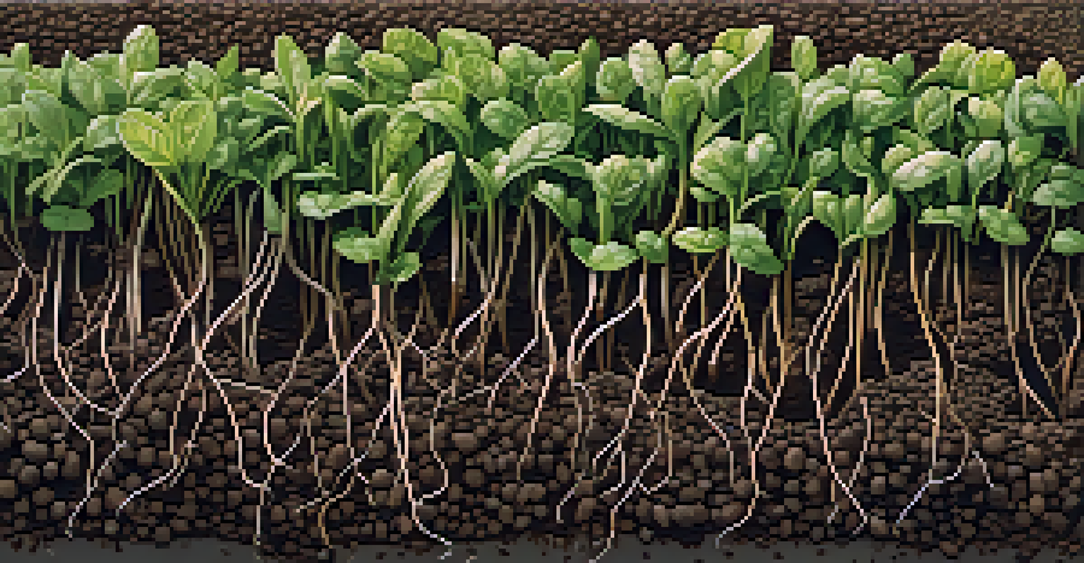 A close-up view of enriched soil showcasing the root systems of legumes, along with visible earthworms and microorganisms.