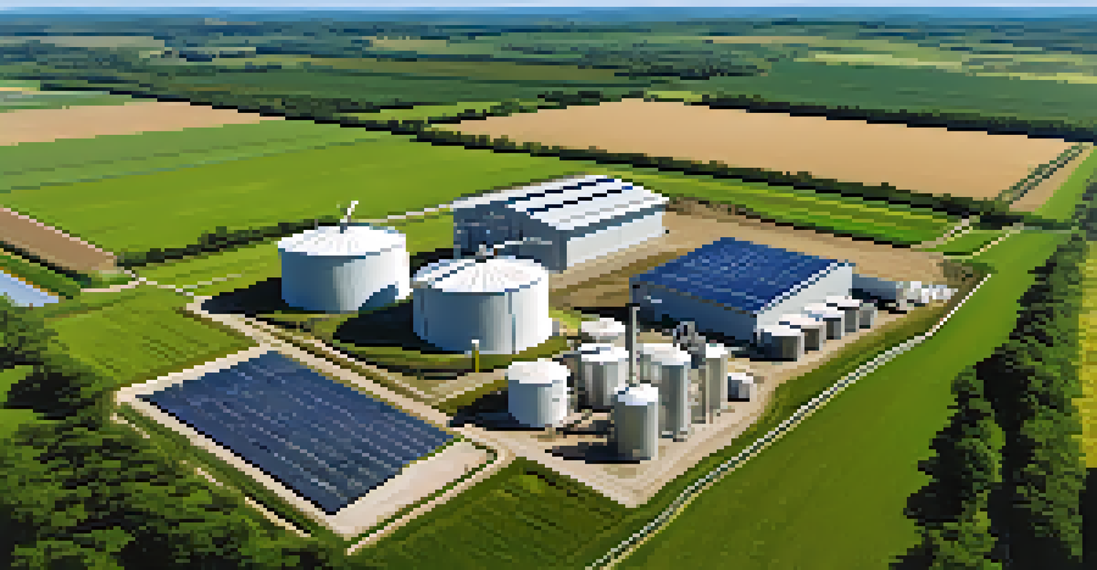 Aerial view of a bioenergy facility with silos, solar panels, and surrounding farmland.