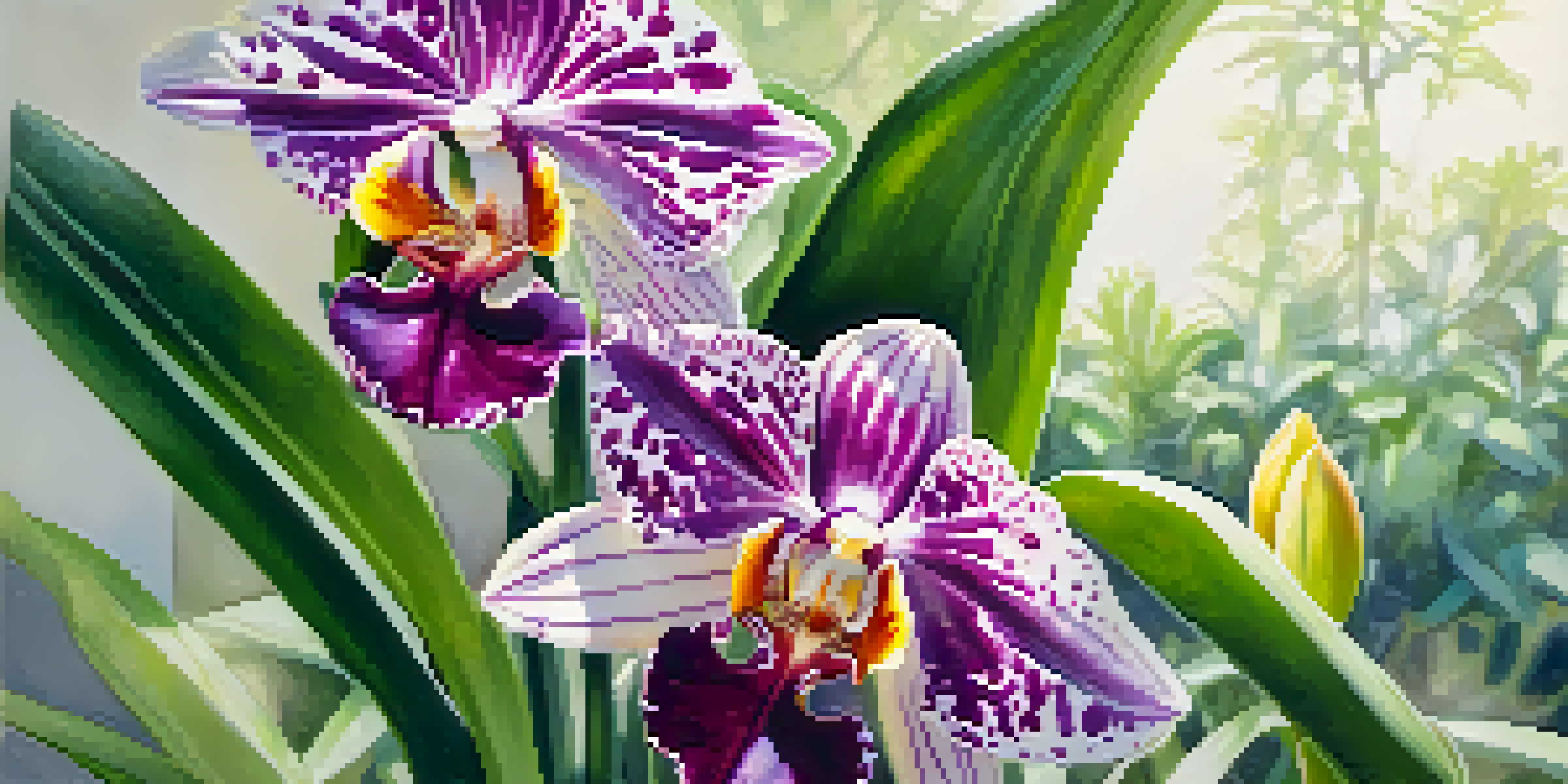 A detailed watercolor illustration of a rare orchid with intricate petal patterns, set against a blurred garden background.