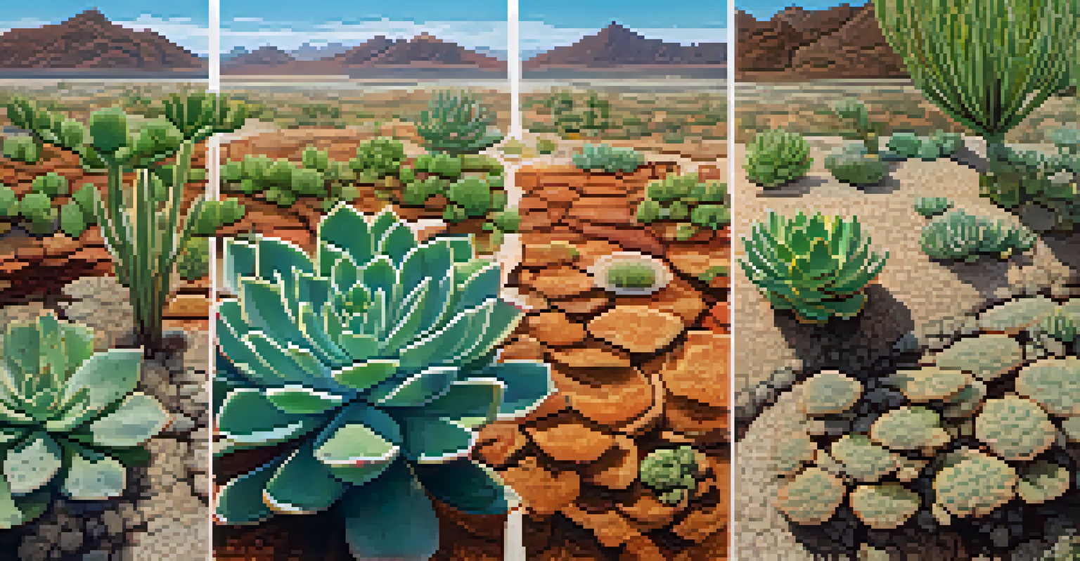 An artistic representation of plant adaptations with deep roots and thick leaves, showing contrasting environments of drought and lush greenery.