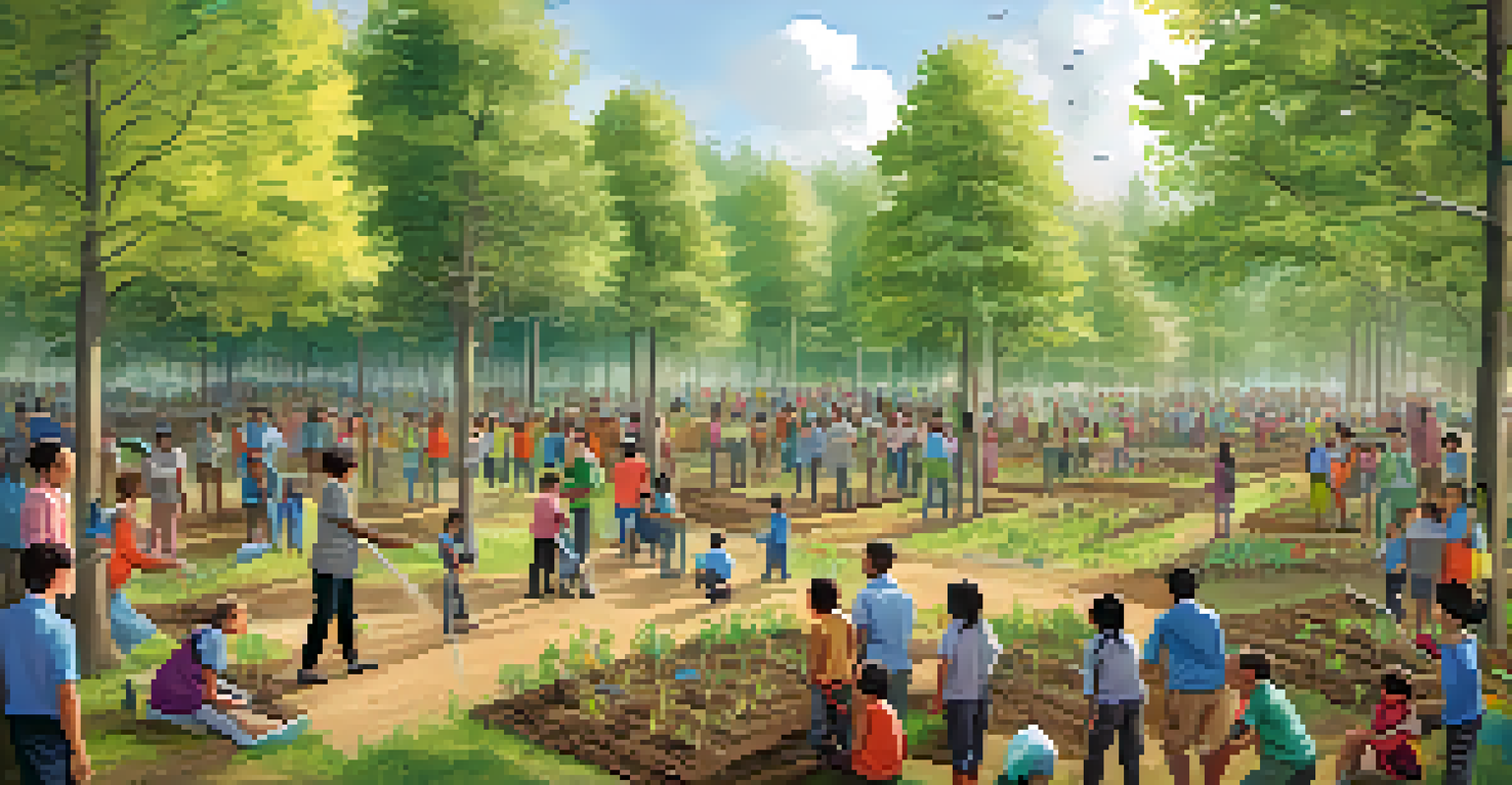 A group of community members planting trees in a forest, showing teamwork and environmental care.
