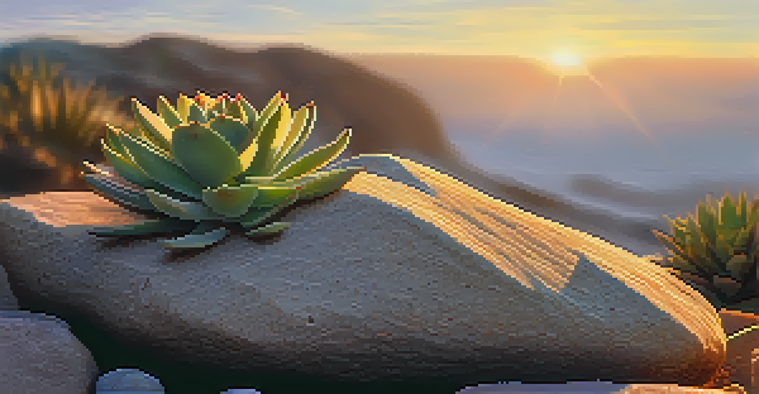 A small succulent on a textured rock, highlighted by warm sunset light, showcasing the contrast in textures.