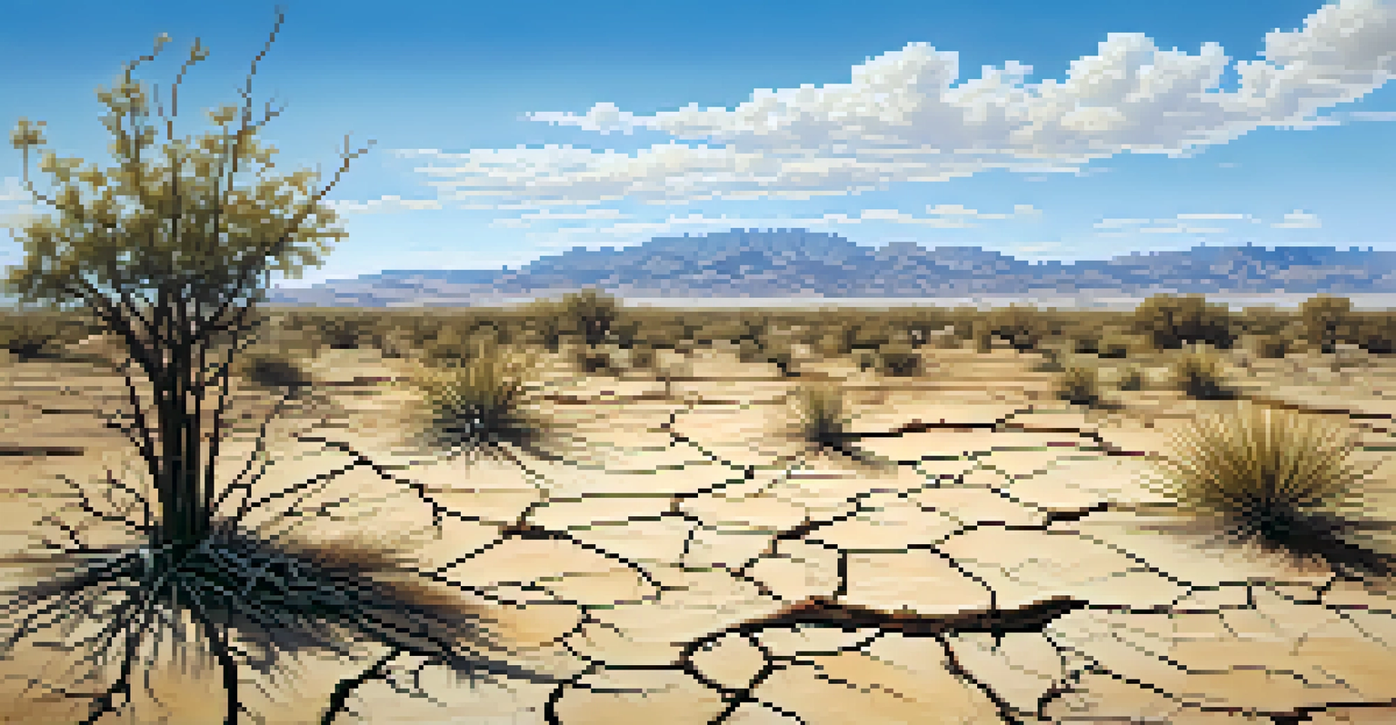 A drought-affected desert landscape with cracked earth and wilting plants, under a blue sky, showcasing native flora's deep root systems.