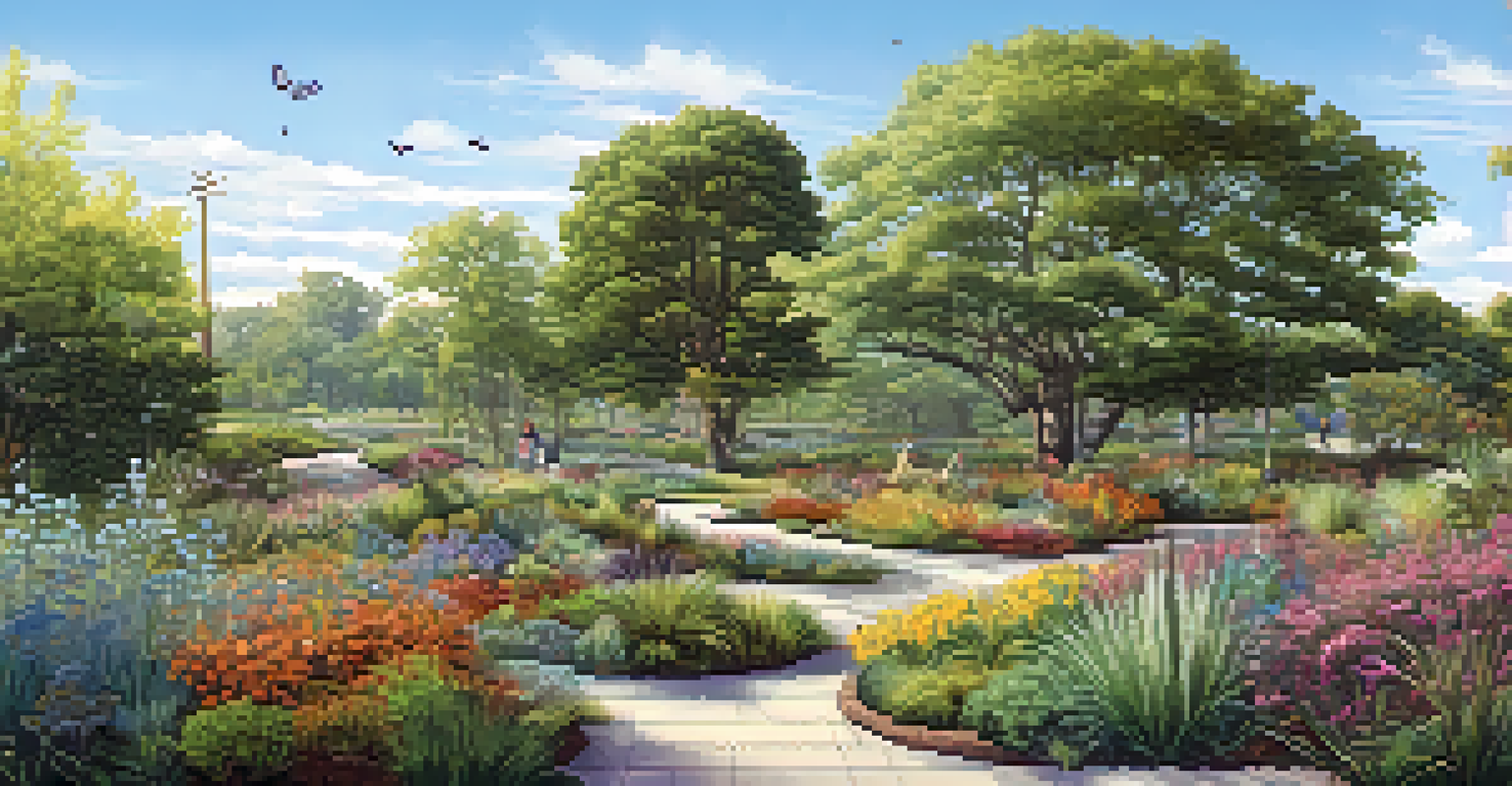A panoramic view of a diverse landscape with flowering plants, grasses, rain gardens, and wildlife under a clear blue sky.