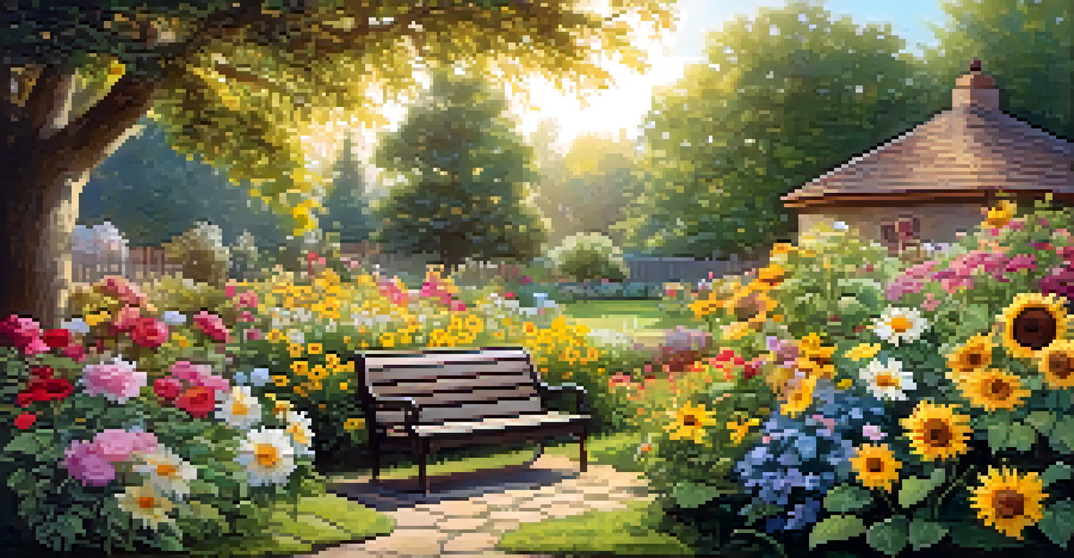 A colorful garden filled with blooming flowers, a cozy bench, and butterflies fluttering in the sunlight.
