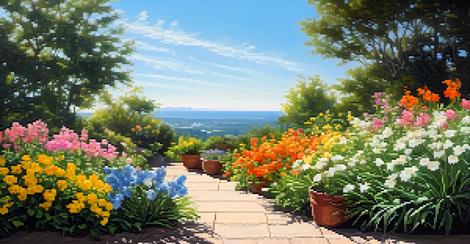 A vibrant outdoor scene with blooming flowers under a clear blue sky, showcasing colorful petals and green leaves.
