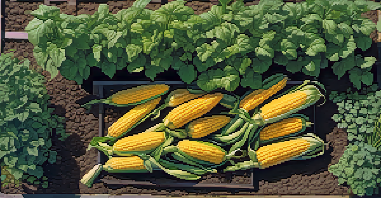 An overhead view of a garden bed with corn, beans, and squash in the 'Three Sisters' planting method.