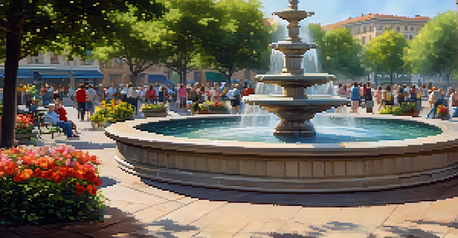 A beautiful public fountain in a lively city square, adorned with flowers and benches, with water cascading and people enjoying the scene.