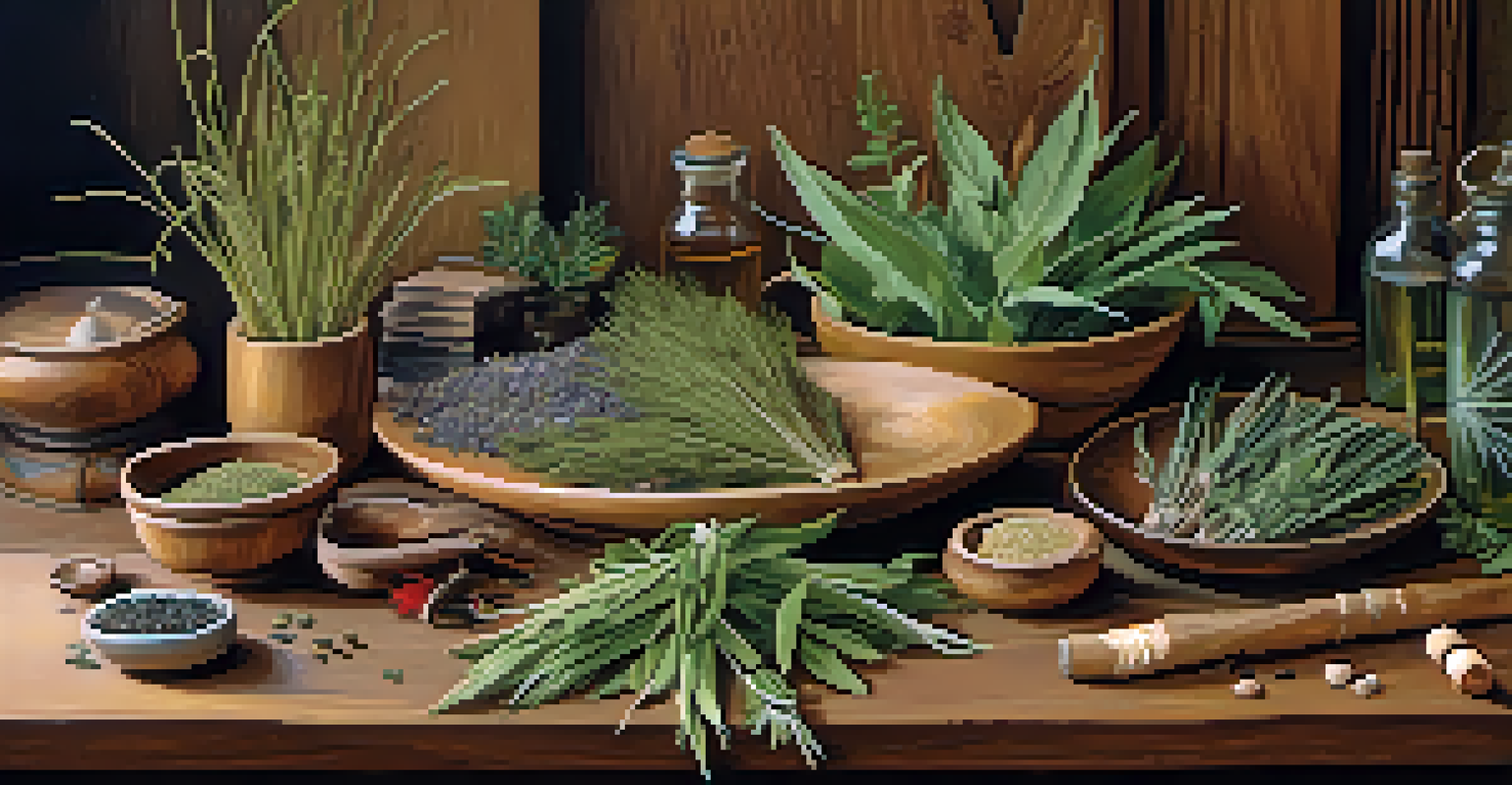 An artistic arrangement of sacred herbs on a wooden table, with feathers and stones, showcasing their textures and colors.