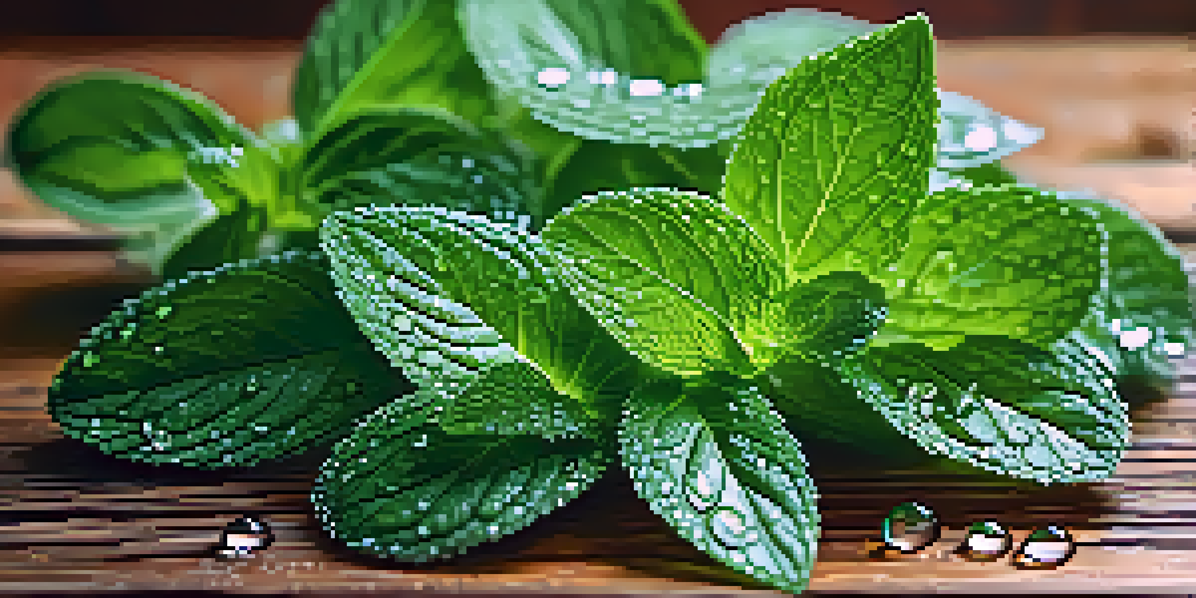 Close-up of fresh peppermint leaves covered in dewdrops, with a blurred rustic wooden table background.