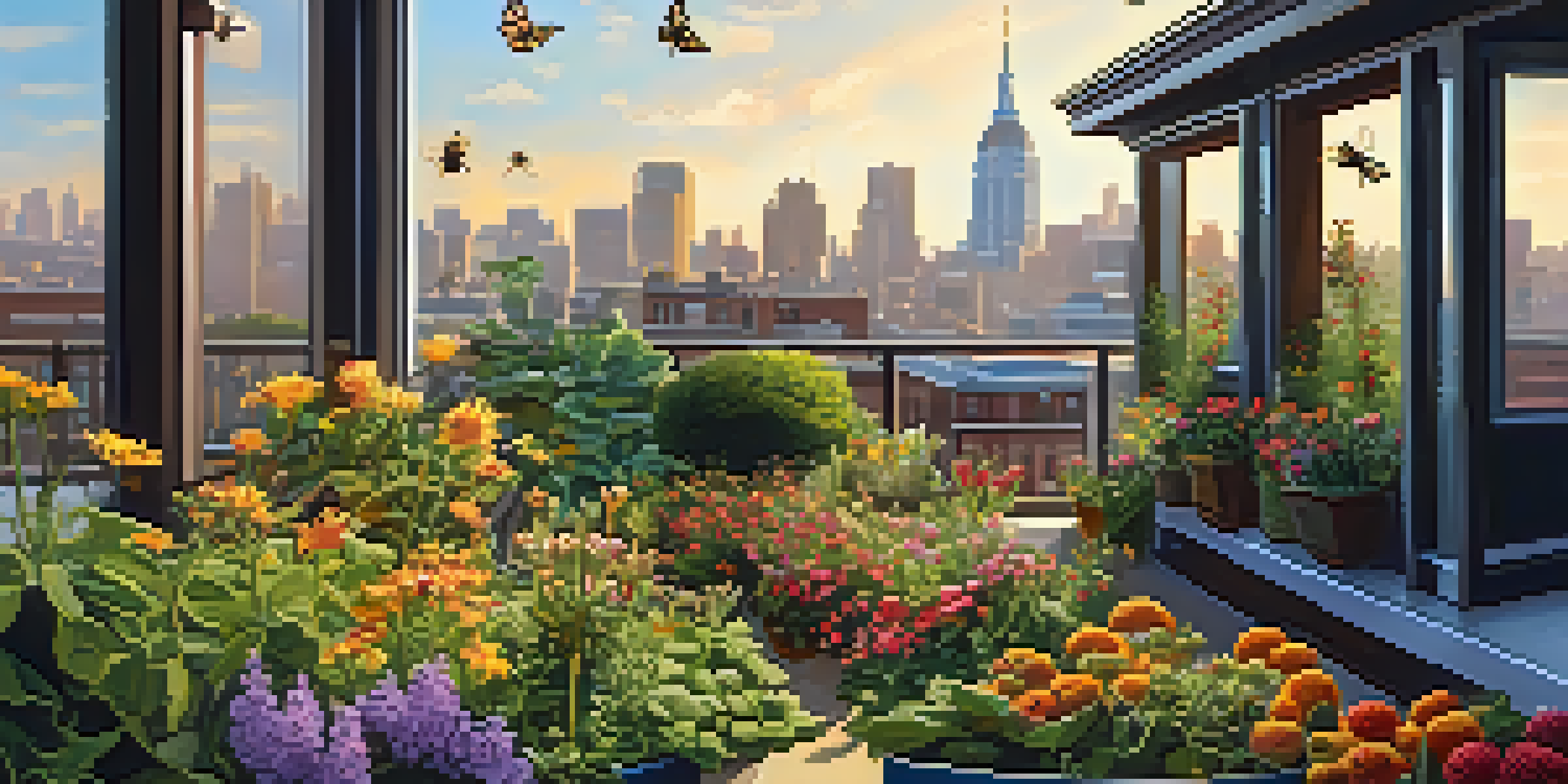 A rooftop urban garden filled with colorful flowers, vegetables, and fruit trees under warm sunlight, with bees and butterflies present.