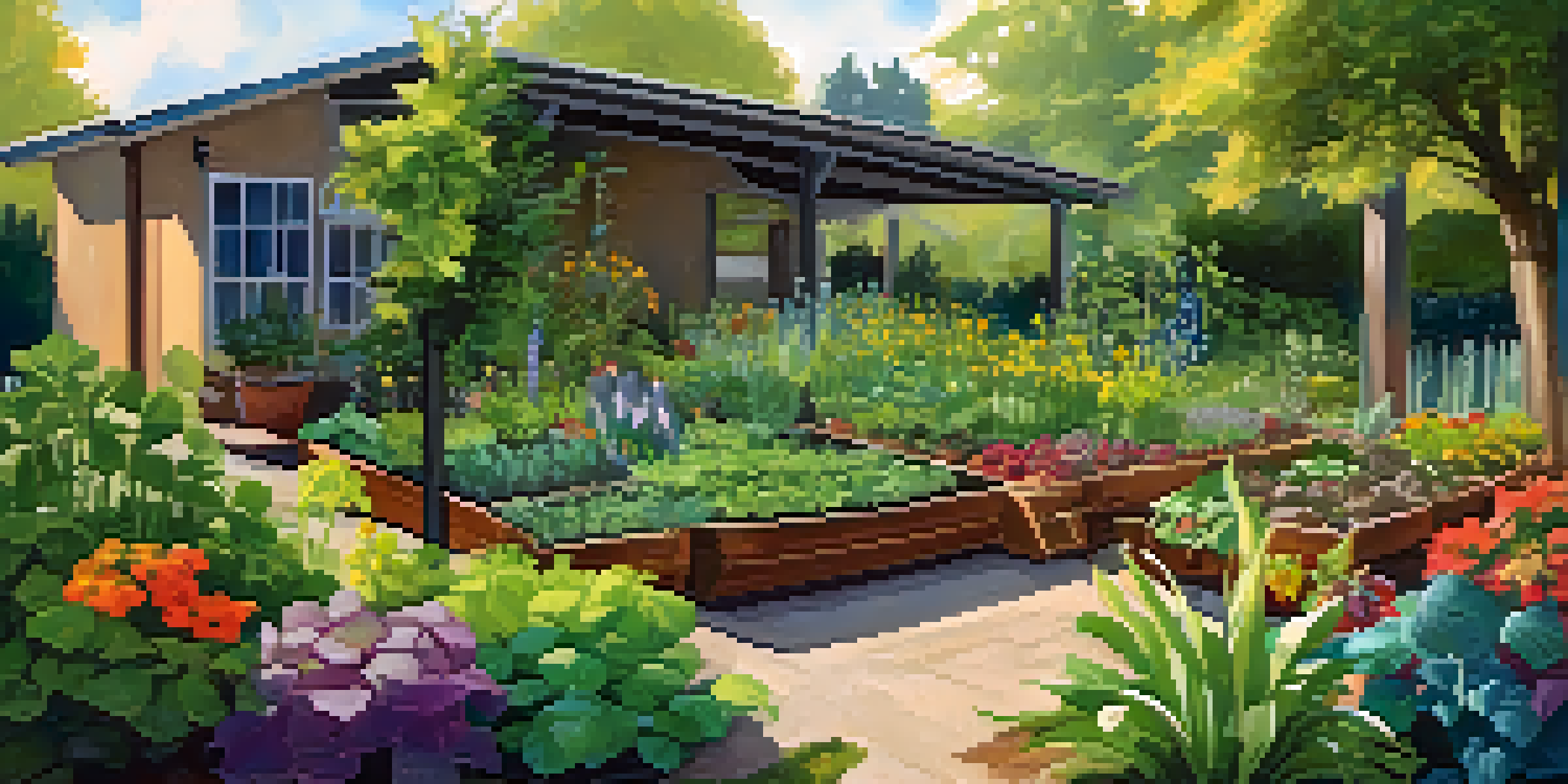 A colorful permaculture garden with various plants, sunlight filtering through leaves, and a rain barrel surrounded by greenery.