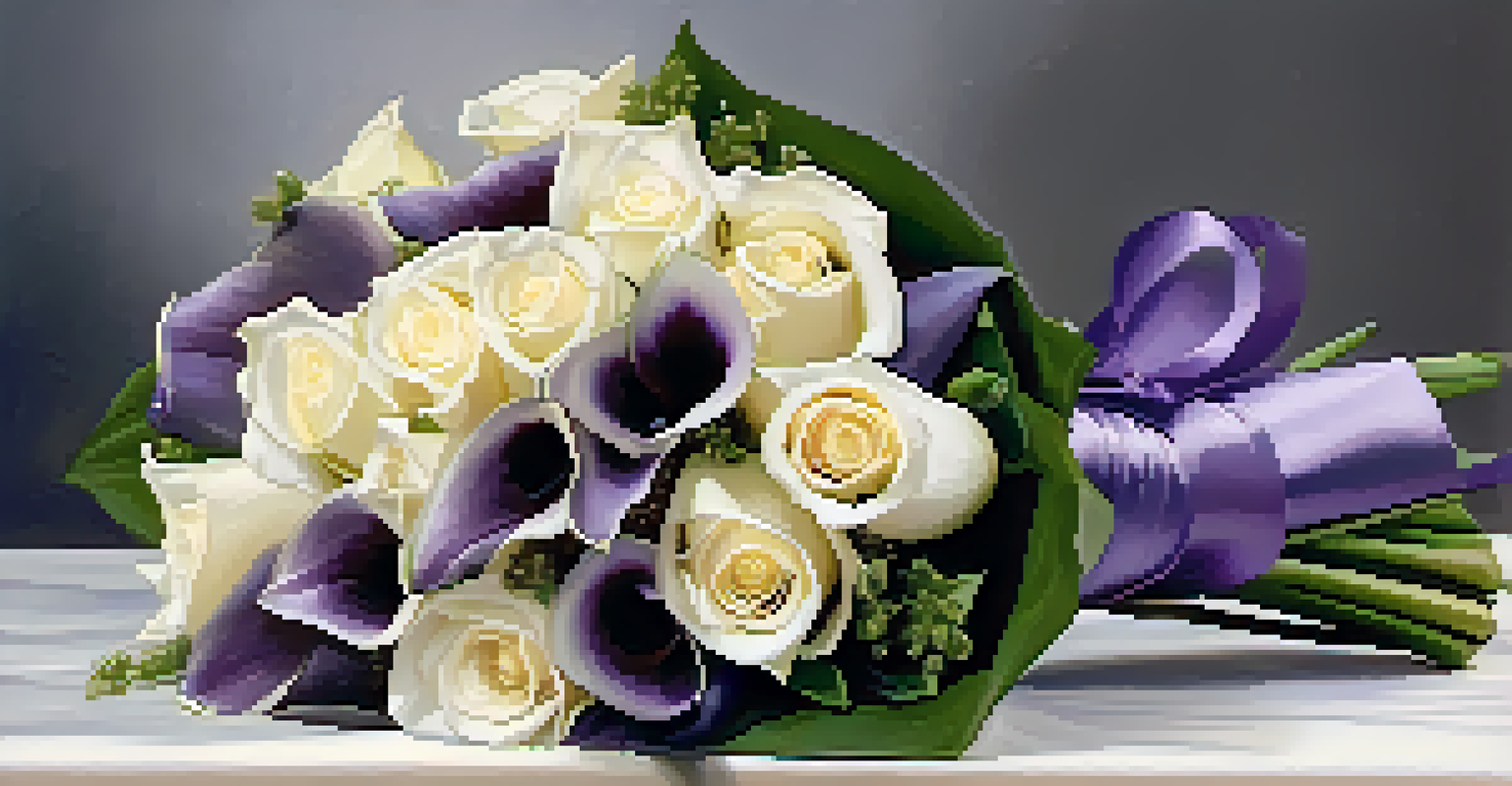 A wedding bouquet with white roses and dark purple calla lilies arranged symmetrically, wrapped in satin ribbon, with decorative stones nearby.