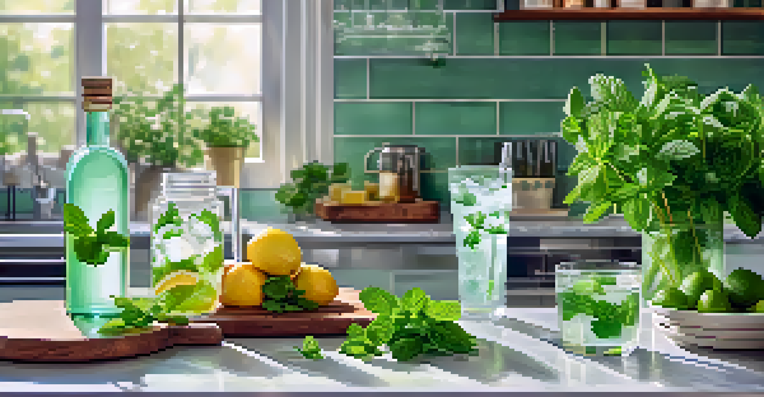 Kitchen countertop with fresh mint recipes including drinks and salads, well-lit and inviting.