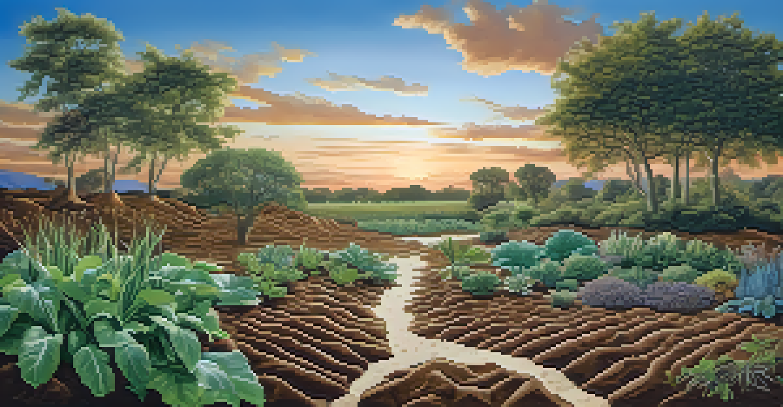 A landscape showing various plants in different soil types, adapting to their environments, under a colorful sunset sky.