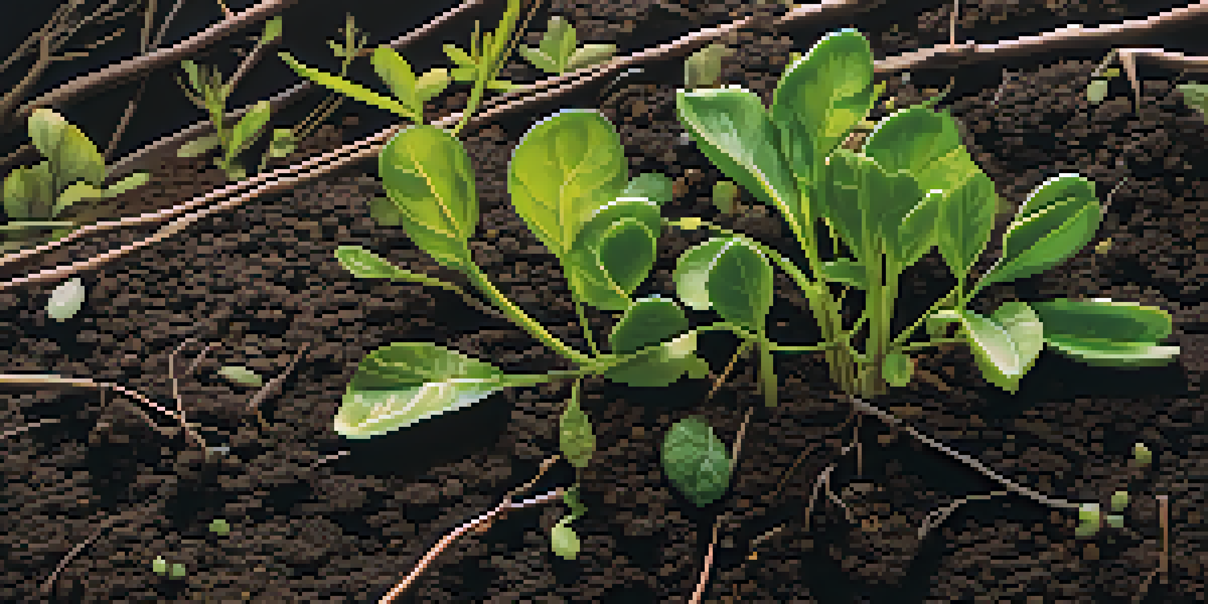 A detailed close-up of healthy soil with organic matter and seedlings, illuminated by soft natural light.