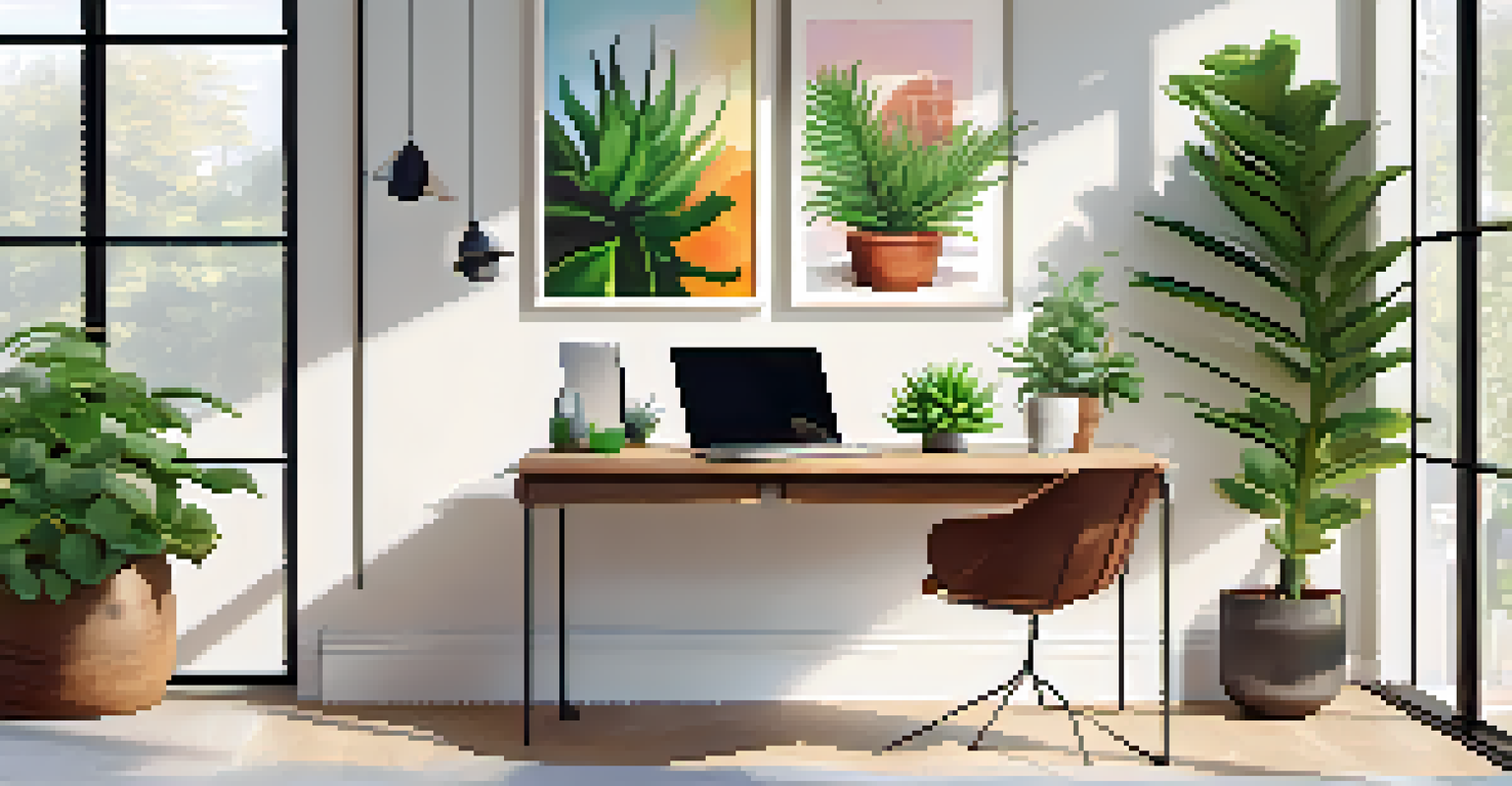 A modern workspace with a potted fern and succulent on a desk, illuminated by natural light, creating a cheerful environment.