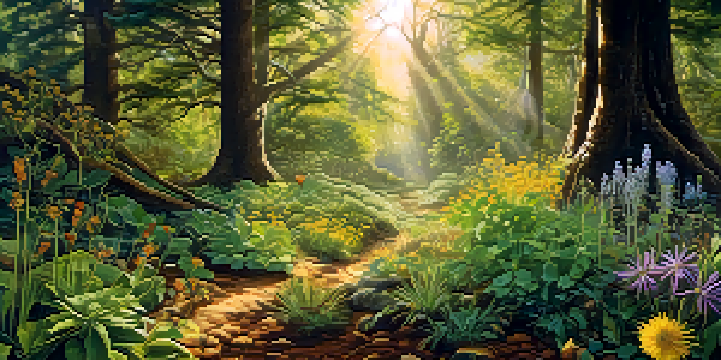 Close-up of a diverse plant ecosystem with various root systems anchoring the soil in sunlight.