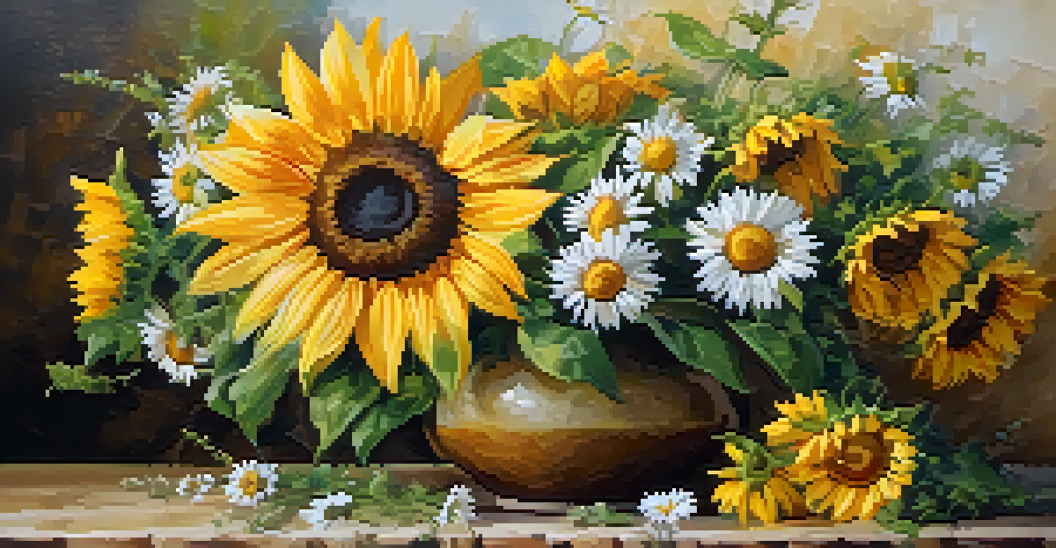 A layered floral arrangement with sunflowers, daisies, and wildflowers in a rustic vase, illuminated by warm golden light.