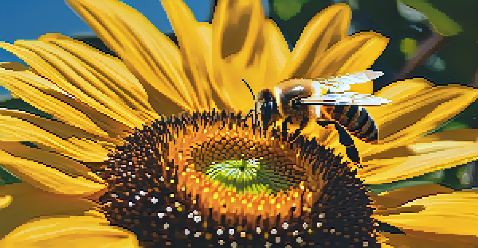 A close-up of a honeybee on a sunflower, showcasing the details of both.