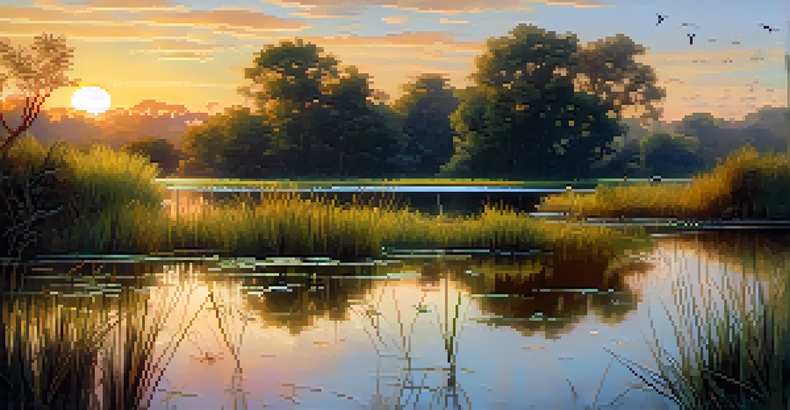 A peaceful wetland scene with plants and calm water, featuring birds and a beautiful sunset.