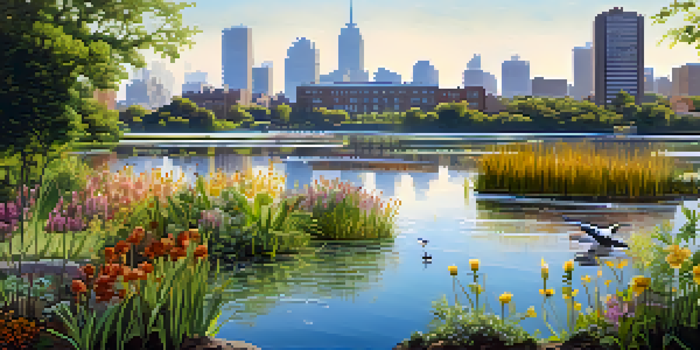 A picturesque urban wetland with blooming plants, birds wading in water, and a city skyline in the background under warm sunlight.