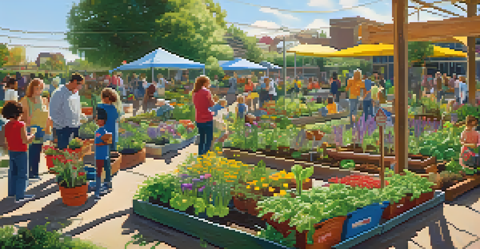 A lively community garden with families and children gardening together, surrounded by flowers and vegetables.