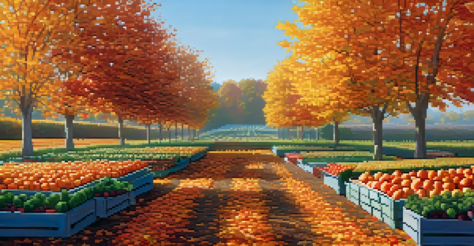 An autumn garden with row covers protecting vegetables, surrounded by vibrant fall foliage and a clear blue sky.