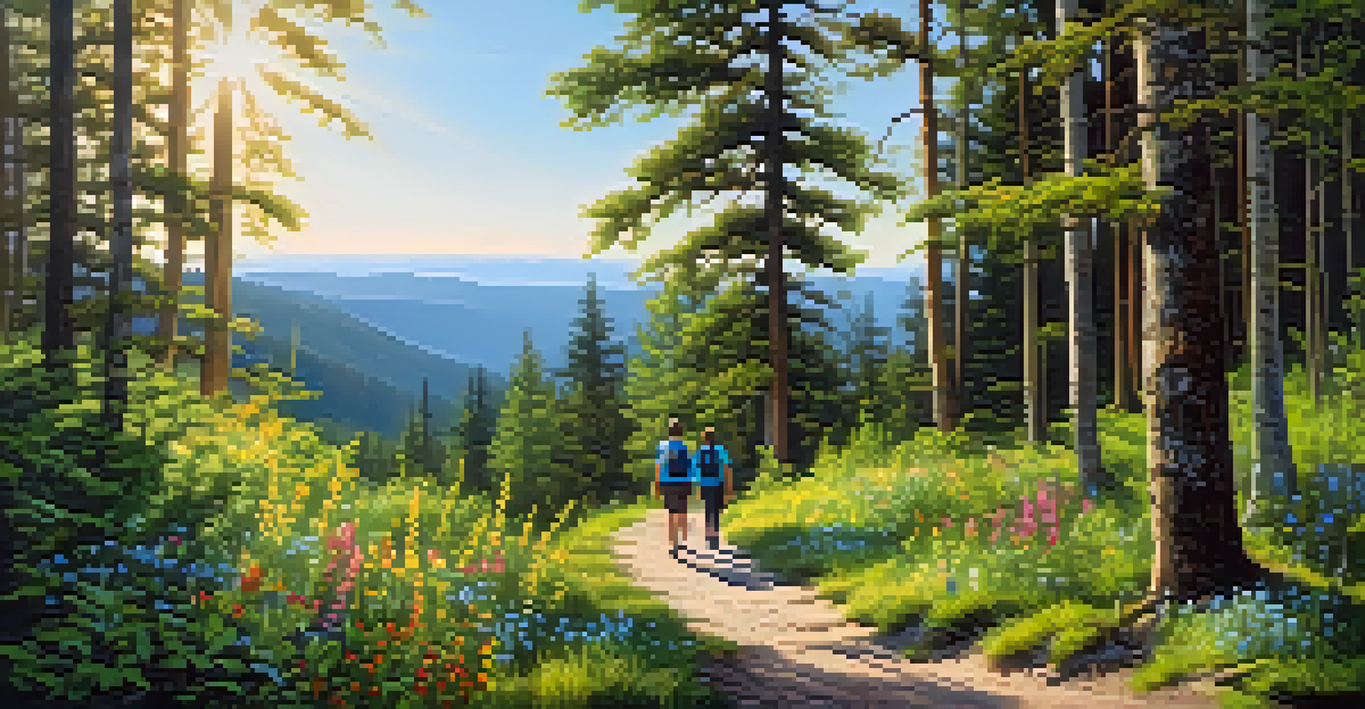 A hiking trail in a forest with friends enjoying nature, surrounded by trees and wildflowers.