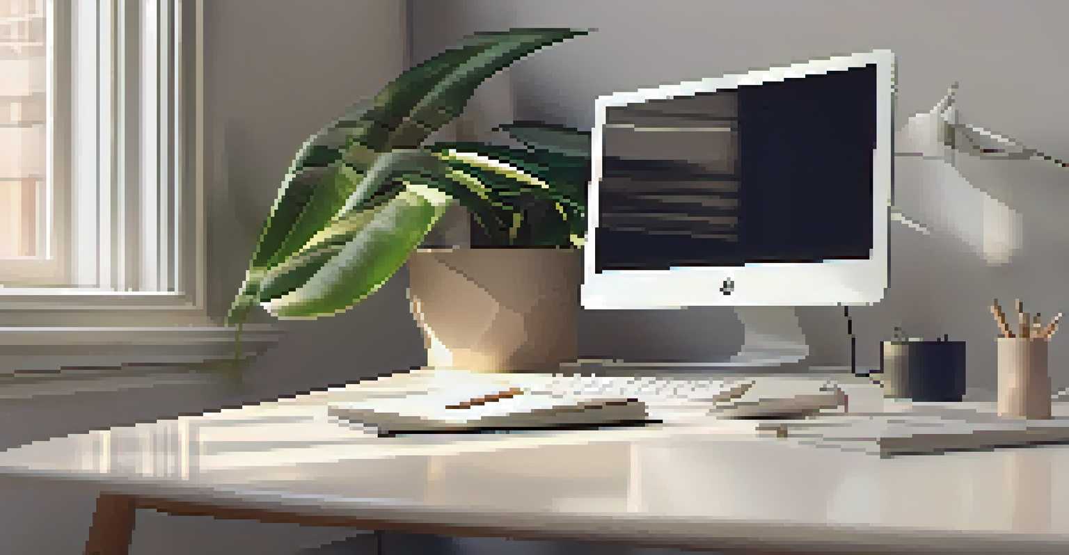 A minimalistic workspace with a ZZ plant on a white desk beside a laptop, illuminated by natural light.