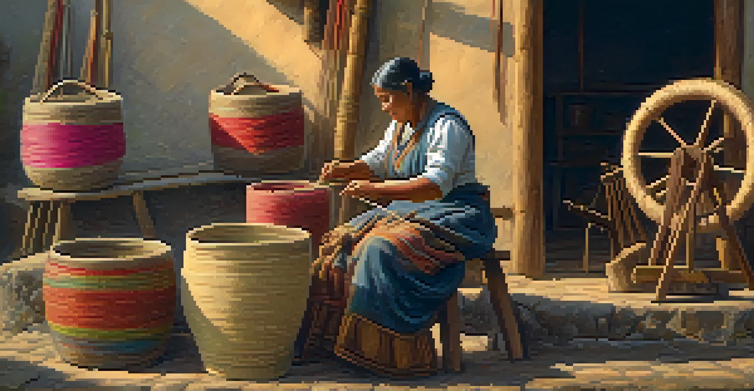 An artisan spinning flax fibers into yarn on a spinning wheel, surrounded by baskets of raw fibers and colorful threads.