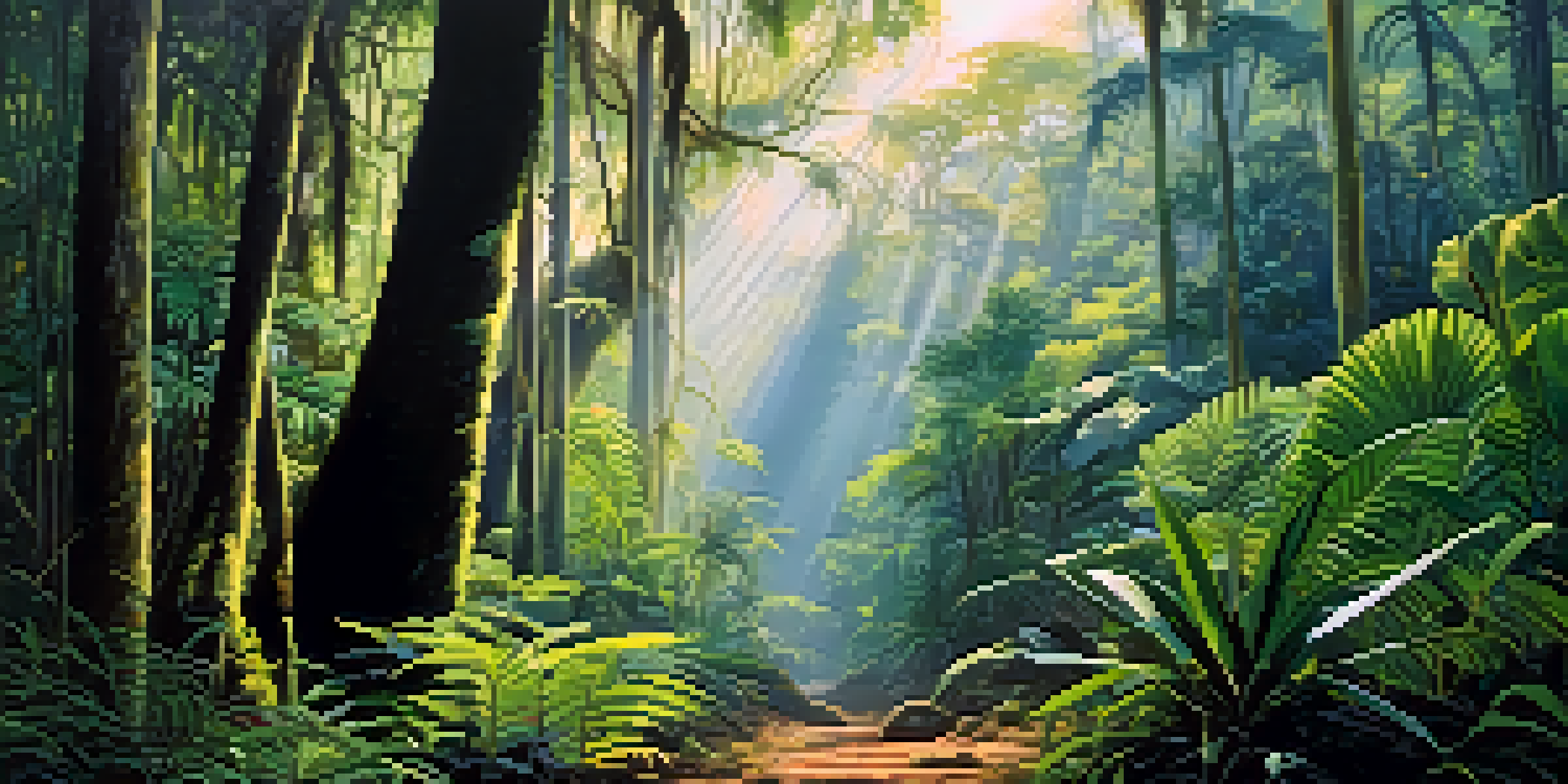 A colorful tropical rainforest with tall trees, broad canopies, and lush undergrowth, illuminated by sunlight and surrounded by mist.