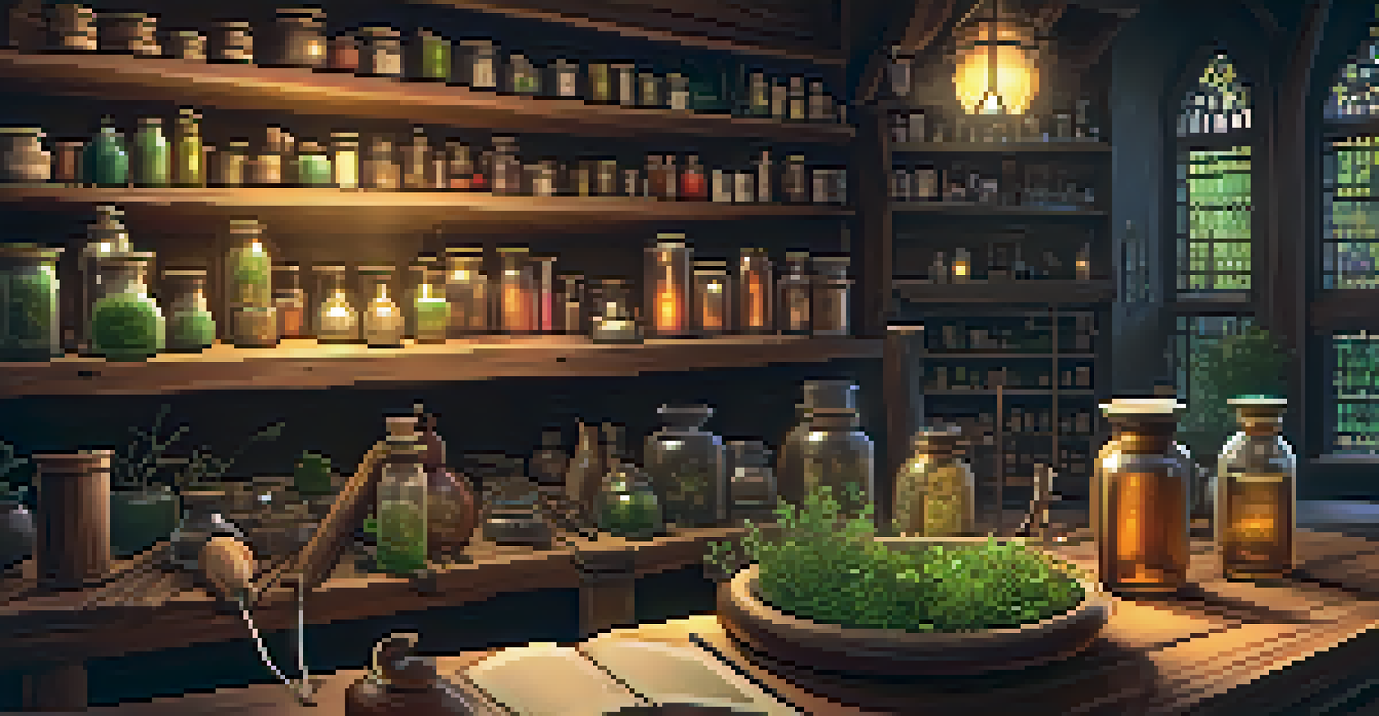 A Middle Ages apothecary's workshop with jars of herbs, an open herbal book, and tools on a wooden table, illuminated by warm lighting.