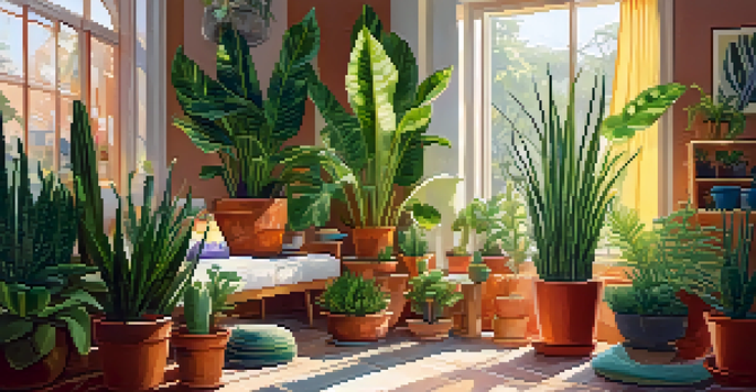 An indoor garden with a variety of plants including a snake plant, fern, and succulents in different pots, illuminated by sunlight.