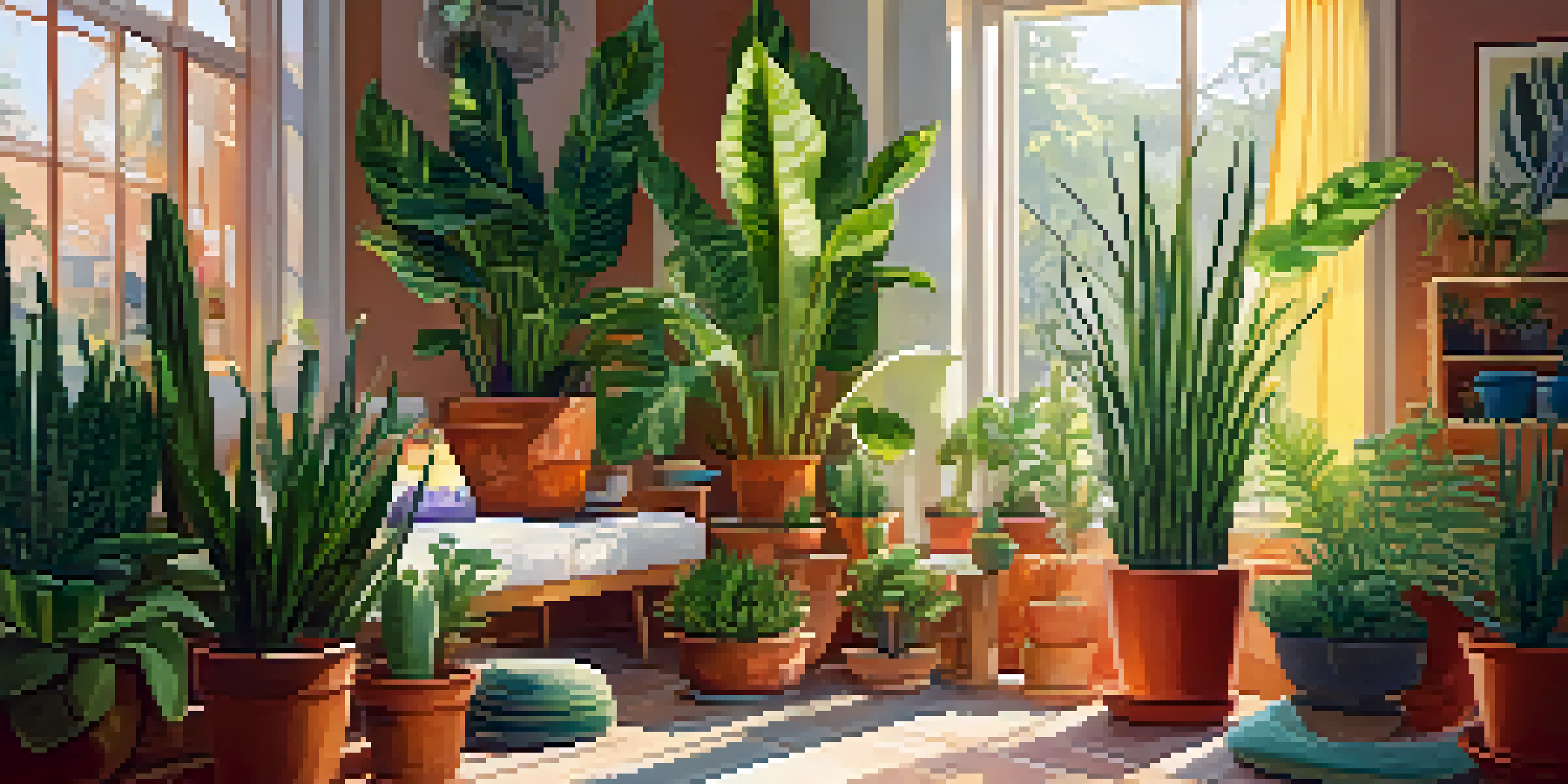 An indoor garden with a variety of plants including a snake plant, fern, and succulents in different pots, illuminated by sunlight.