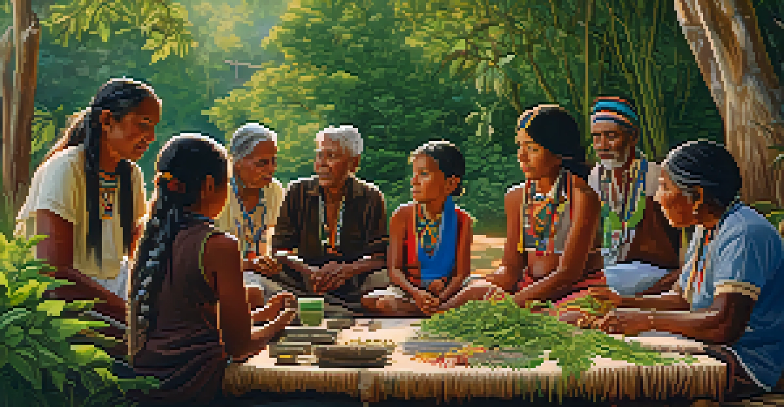 An Indigenous community gathering with elders teaching youth about medicinal plants, surrounded by lush greenery and a table of herbs in warm afternoon light.