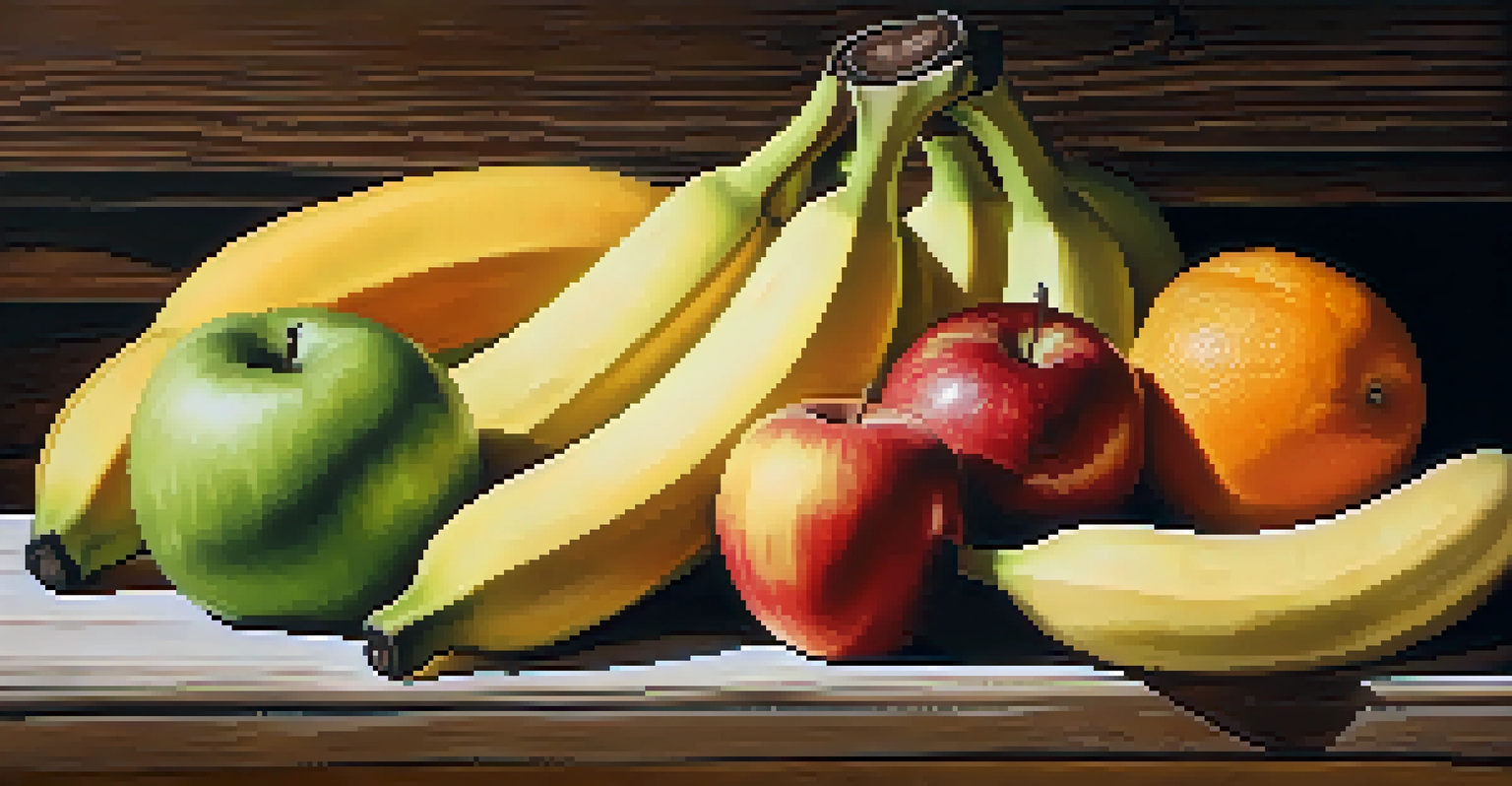 A variety of fruits including bananas, apples, and oranges at different ripening stages on a wooden background.