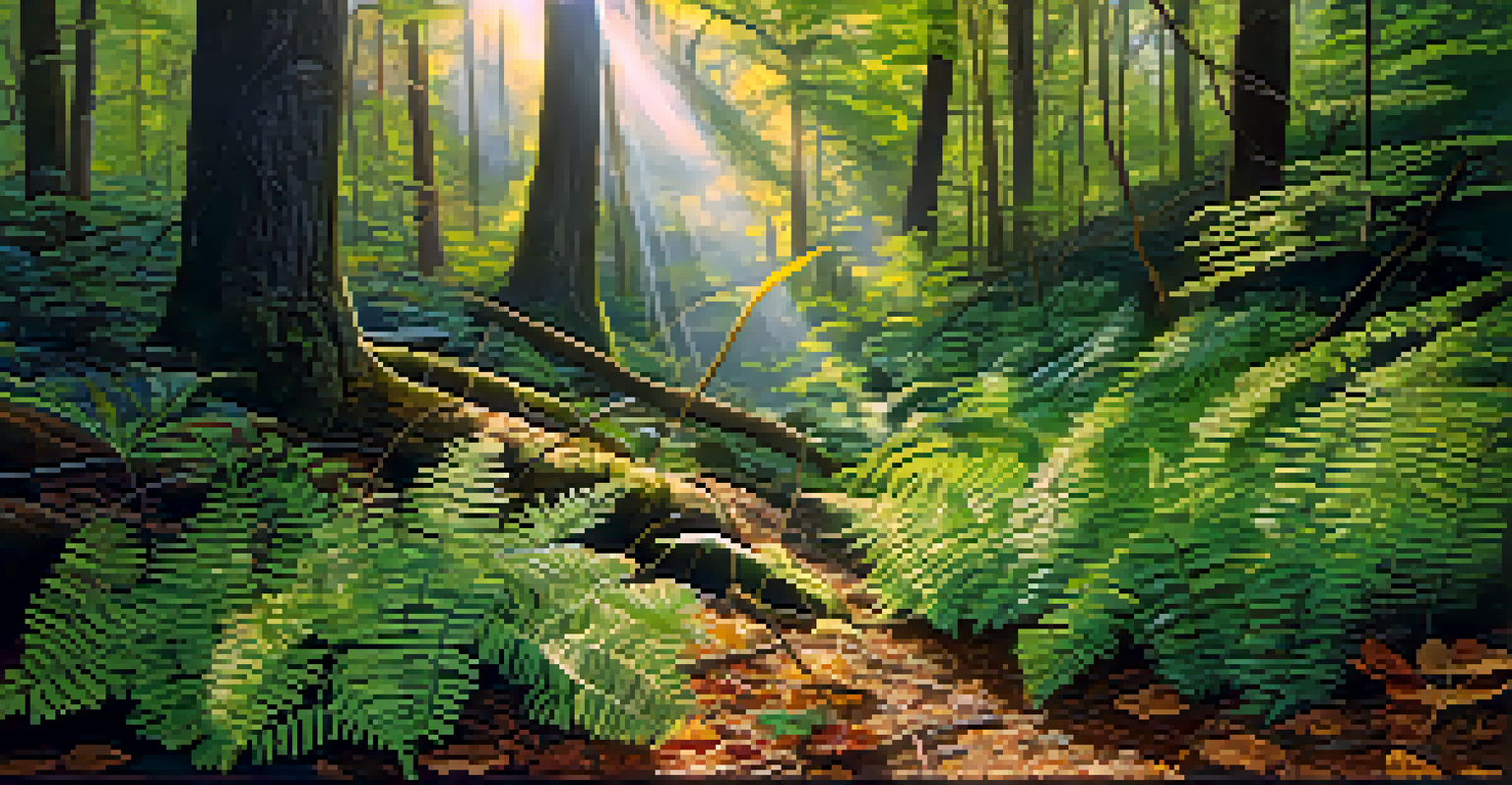 A close-up of a forest floor displaying various plants and sunlight creating patterns on the ground, illustrating biodiversity.