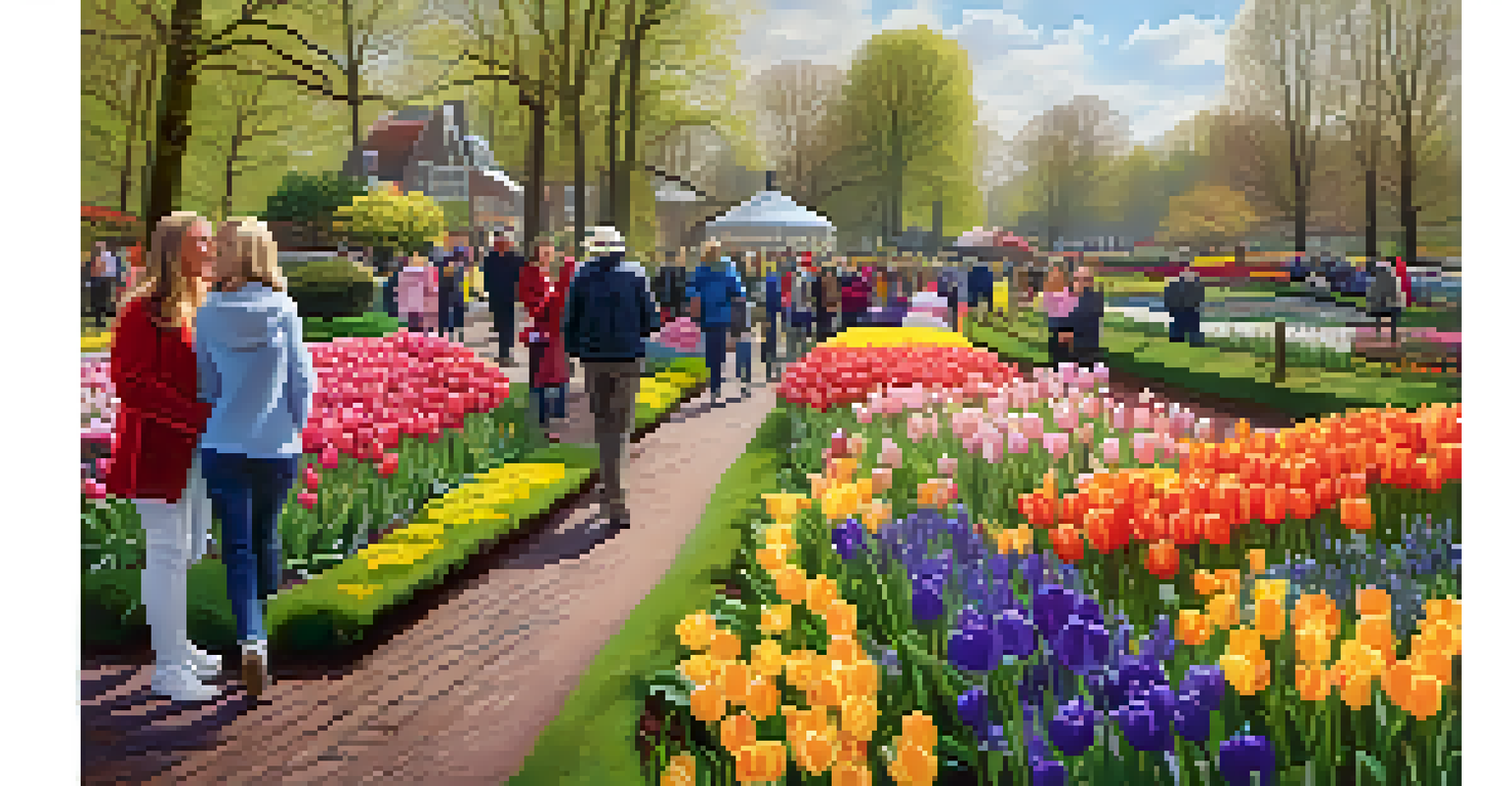 People walking through the Keukenhof Tulip Festival, surrounded by colorful tulip displays and enjoying the vibrant atmosphere.
