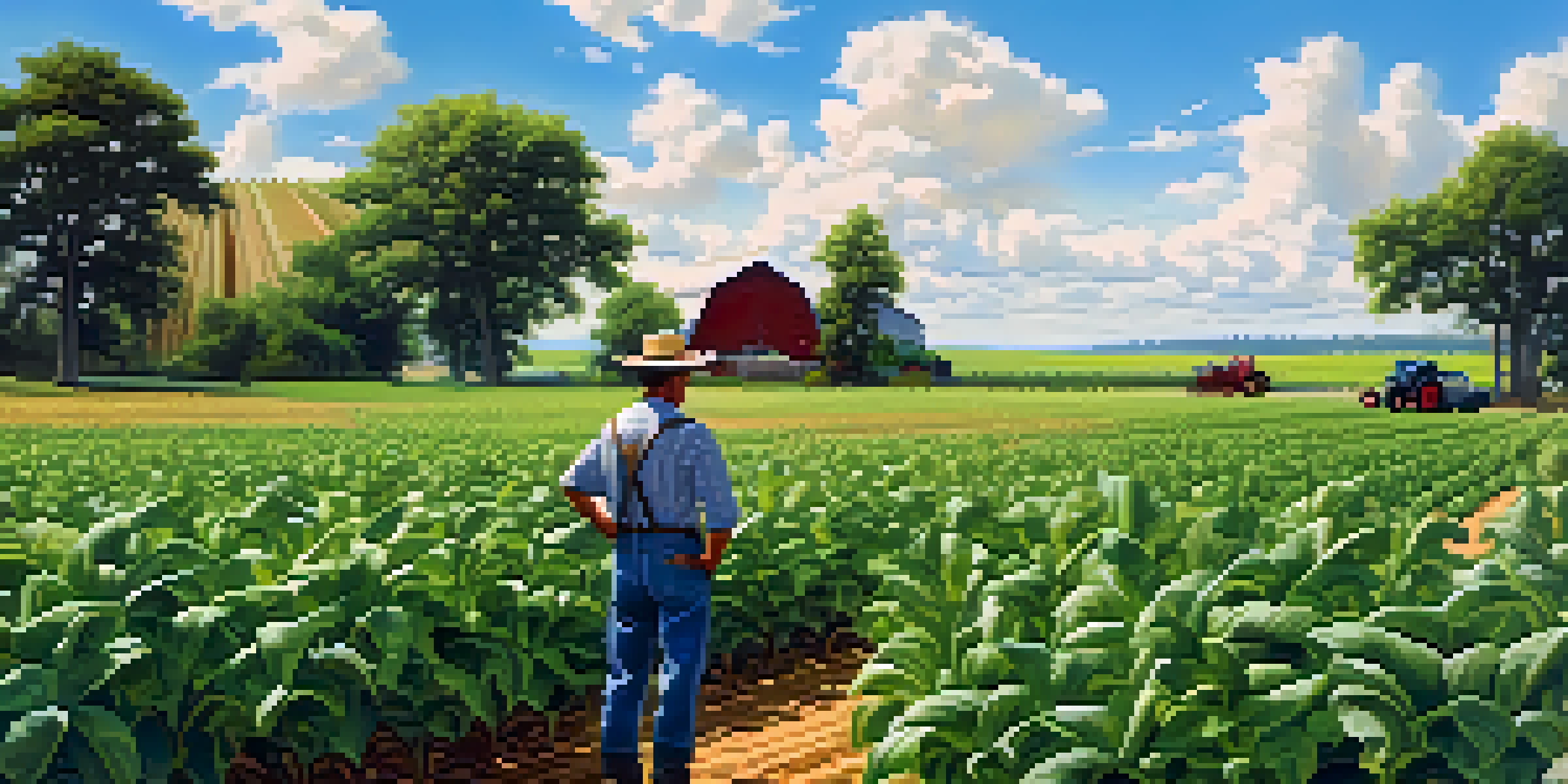 A farmer inspecting genetically modified crops in a sunny field with colorful fruits and a clear blue sky.
