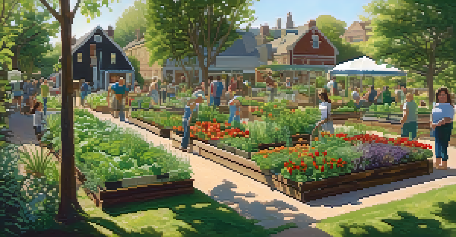 A vibrant community garden with people of various ages planting vegetables and herbs under sunlight.