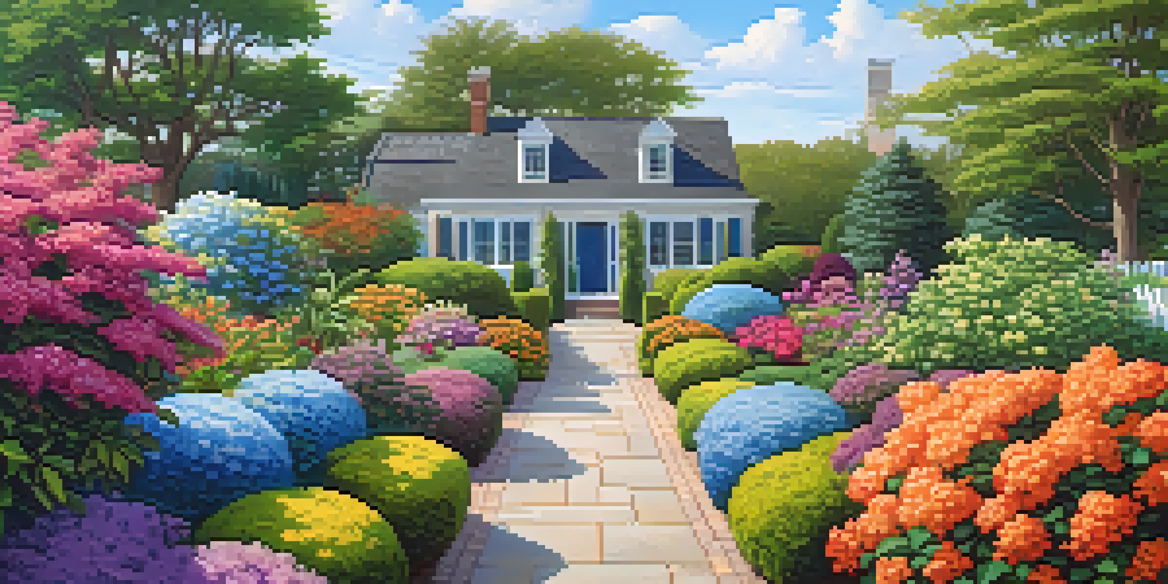 A colorful and vibrant garden filled with various climate-resilient shrubs like Butterfly Bush and Hydrangeas, under a sunny sky.