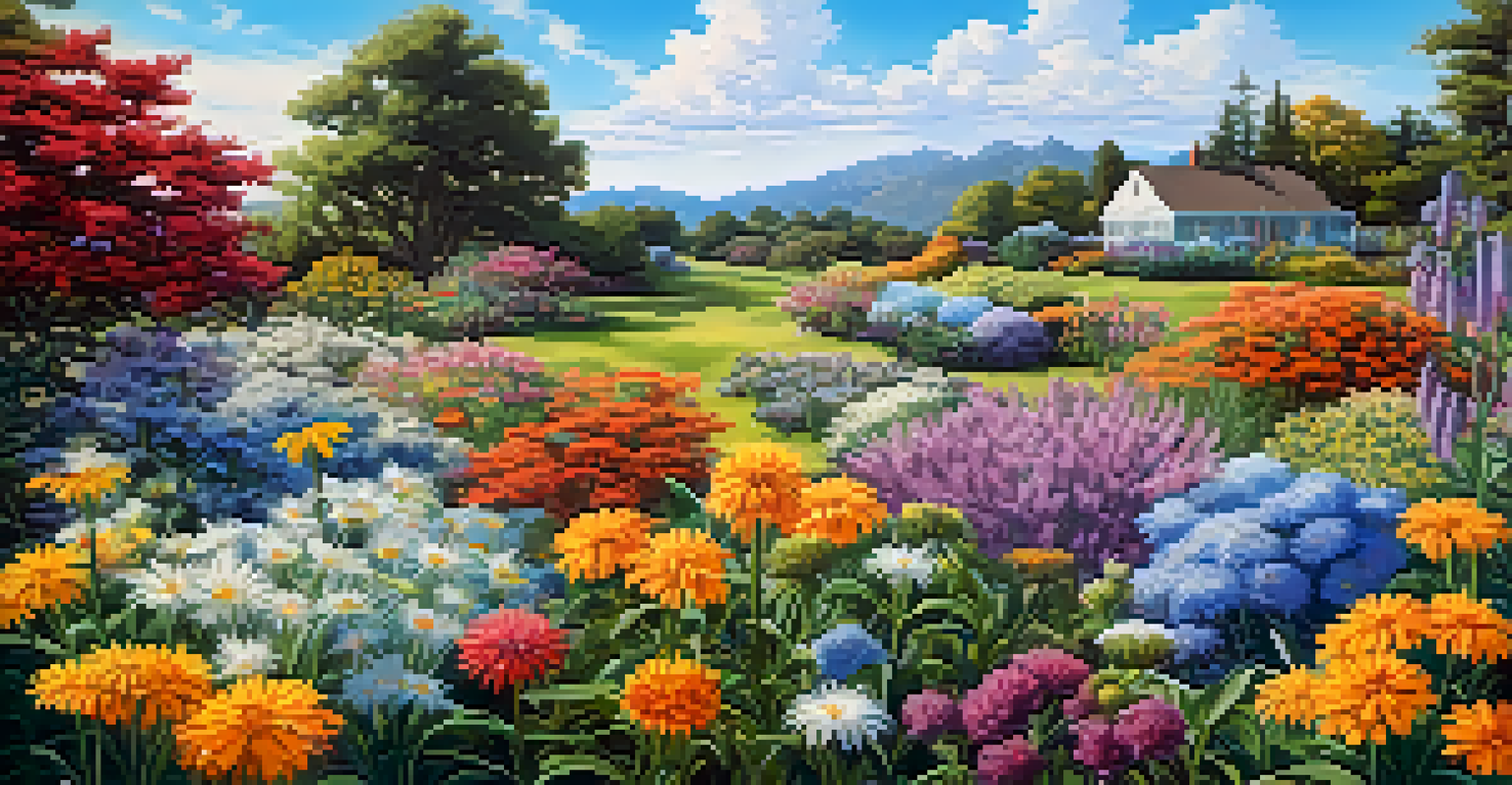 A colorful garden with blooming flowers and pollinators like bees and butterflies, under a blue sky.