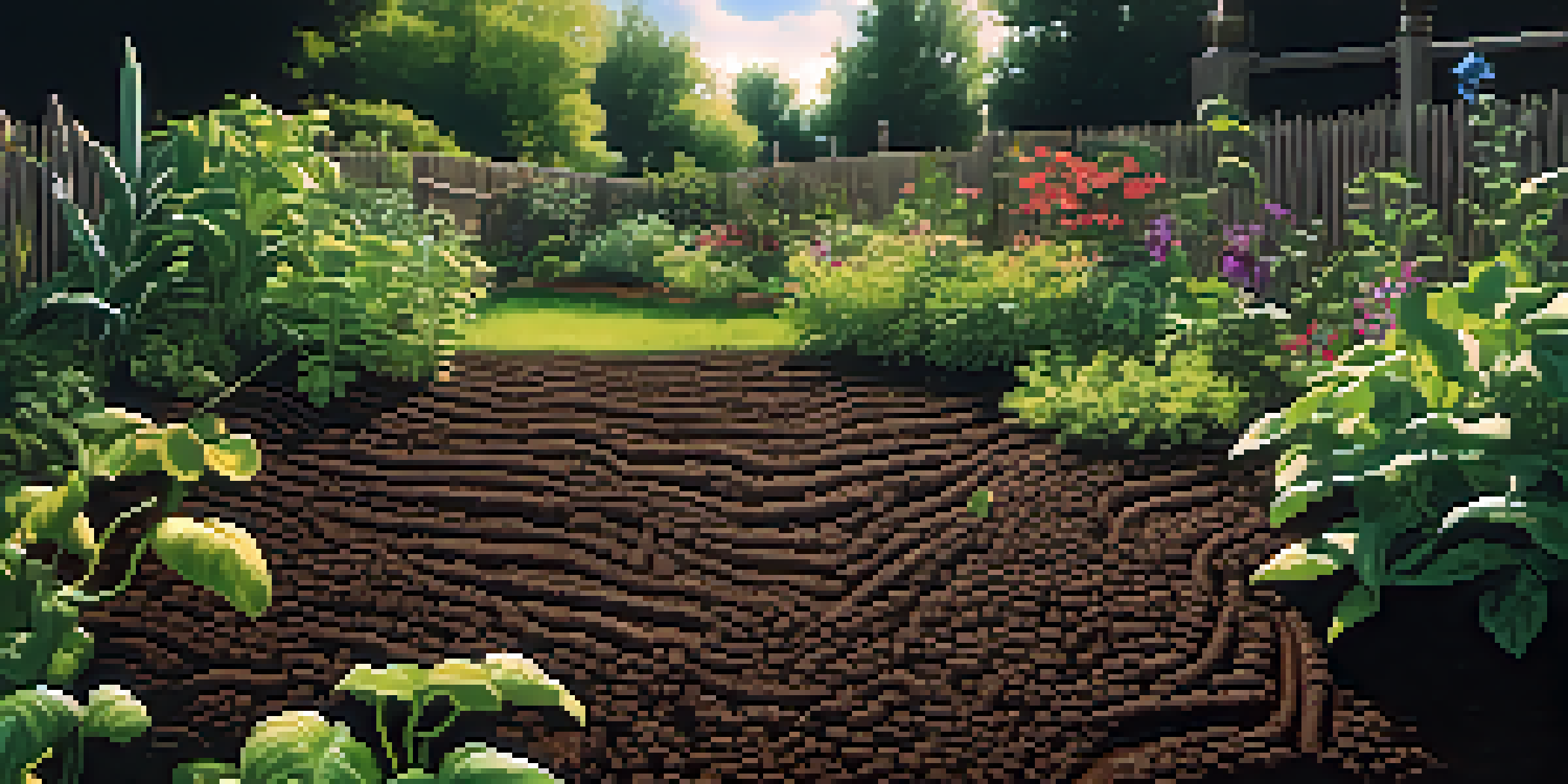 A vibrant garden with healthy soil, featuring green plants and visible organic matter, illuminated by sunlight.