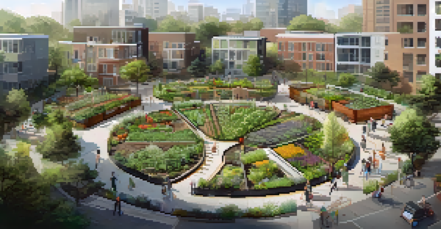 Aerial view of a circular community garden with diverse plant plots and rainwater harvesting systems, surrounded by urban buildings.