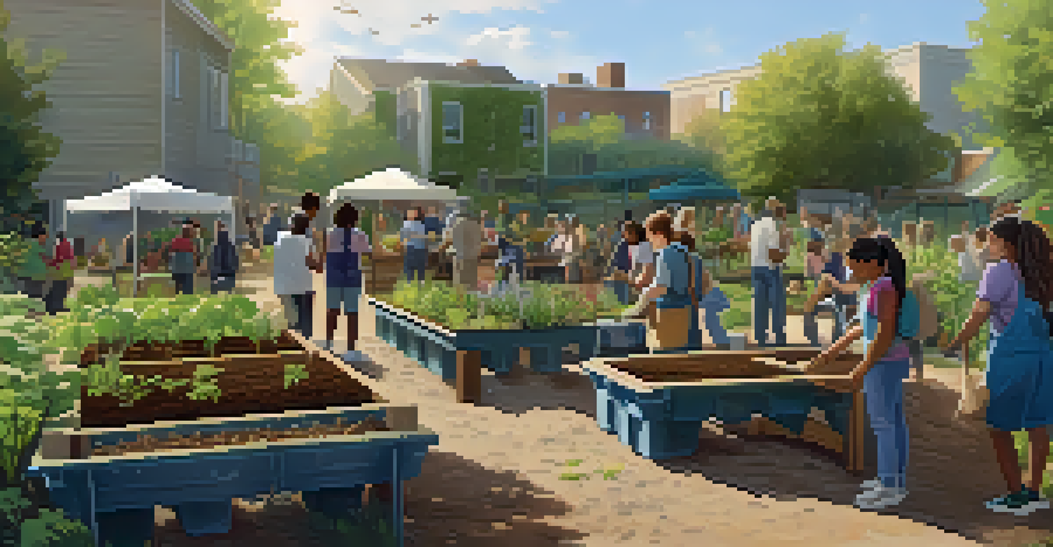 A community workshop focused on soil health, with people engaged in activities like composting and soil testing in a garden setting.