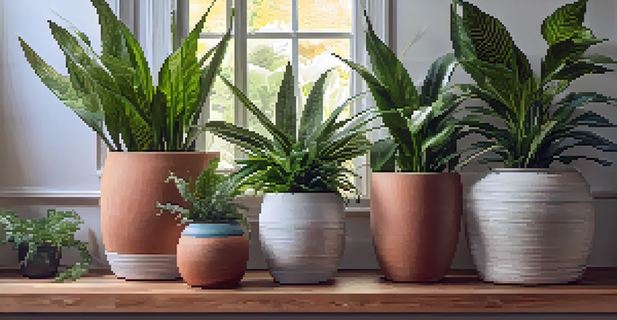 An indoor setting showcasing a colorful arrangement of various plants in different pots, illuminated by natural sunlight.