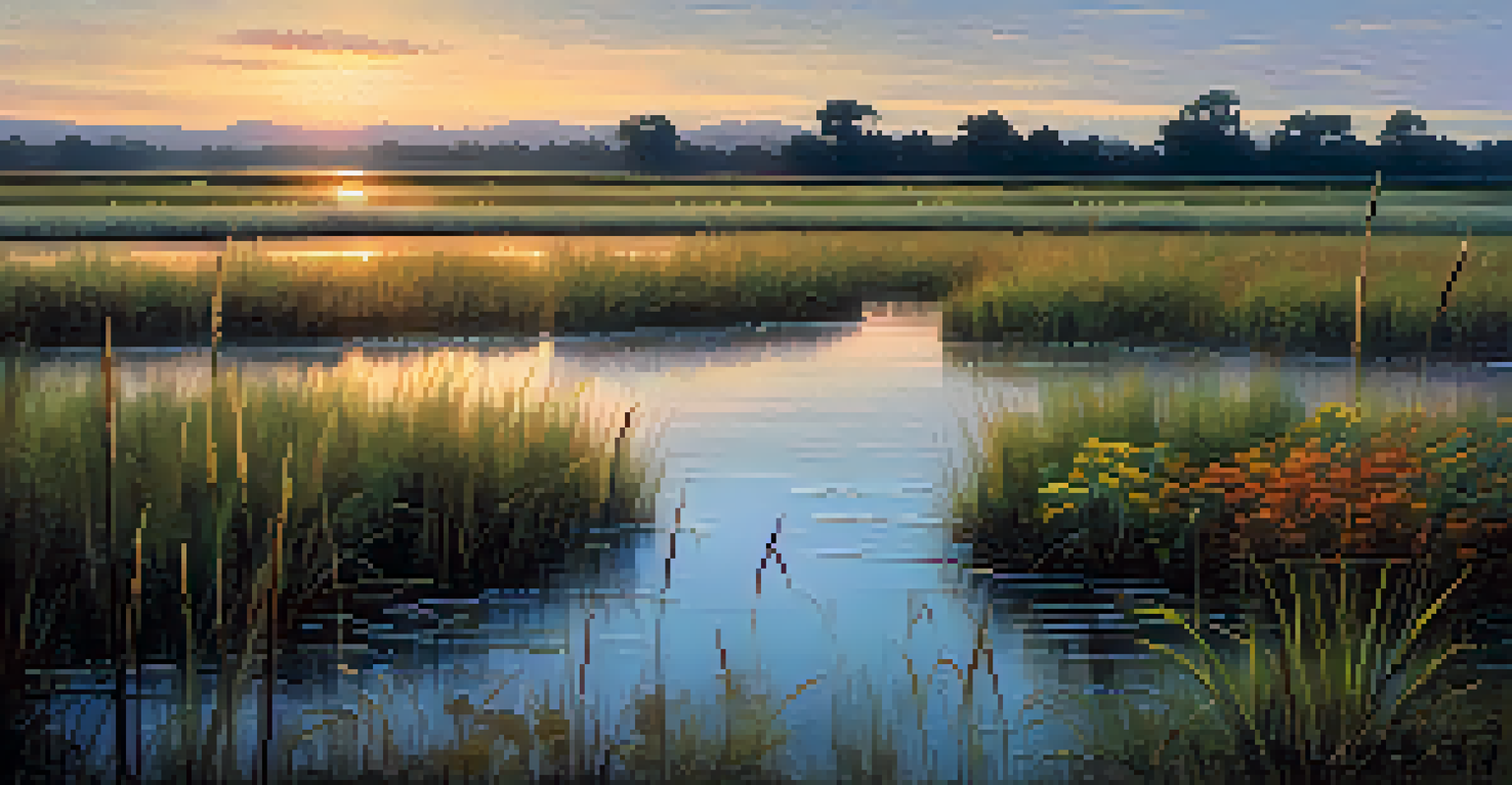 A tranquil wetland area with tall grasses, blooming wildflowers, and a beautiful sunset reflecting on the water.